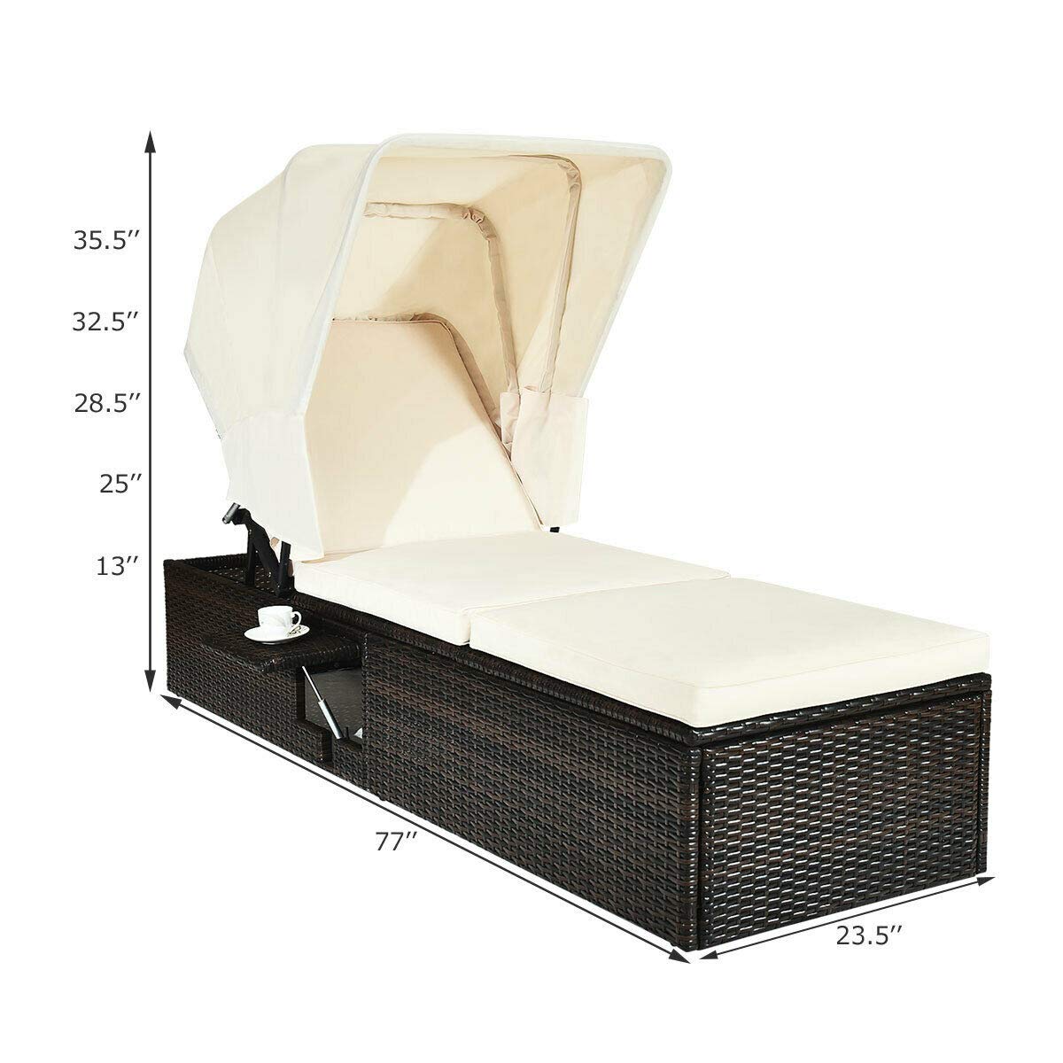 Outdoor Chaise Lounge Chair with Folding Canopy, Adjustable Cushioned Reclining Chair with Flip-up Tea Table