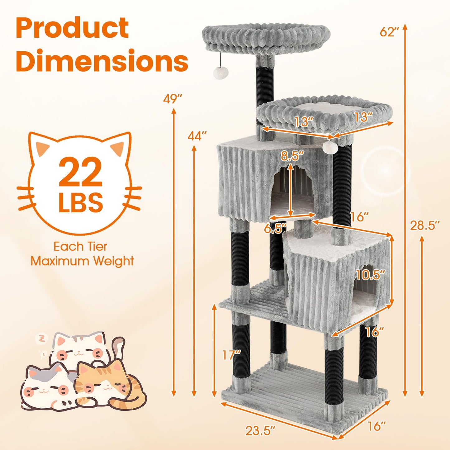 Tangkula 62 Inch Tall Carpet Cat Tree with Scratching Posts 2 Condos 2 Perch Beds