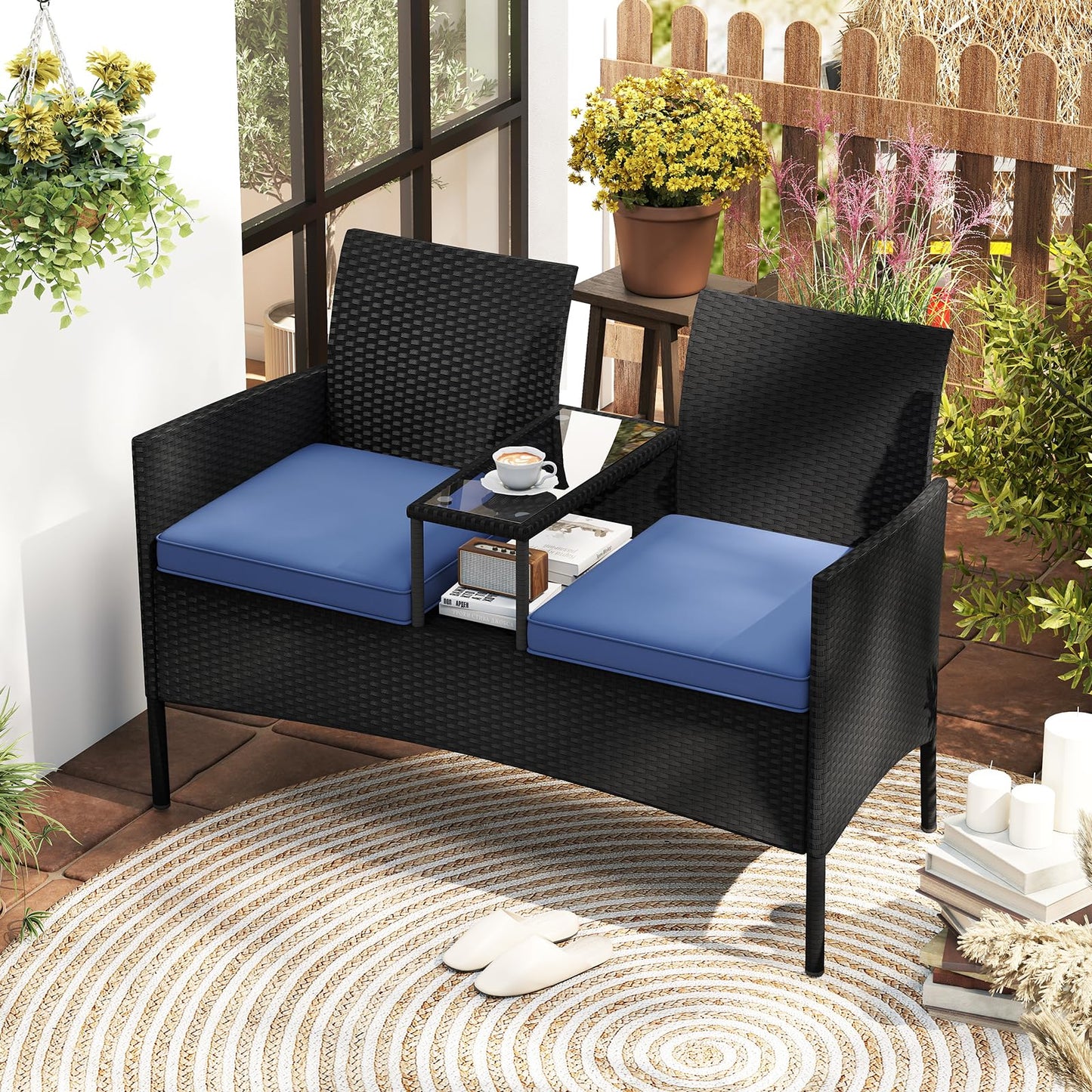 Tangkula Patio Loveseat with Built-in Table
