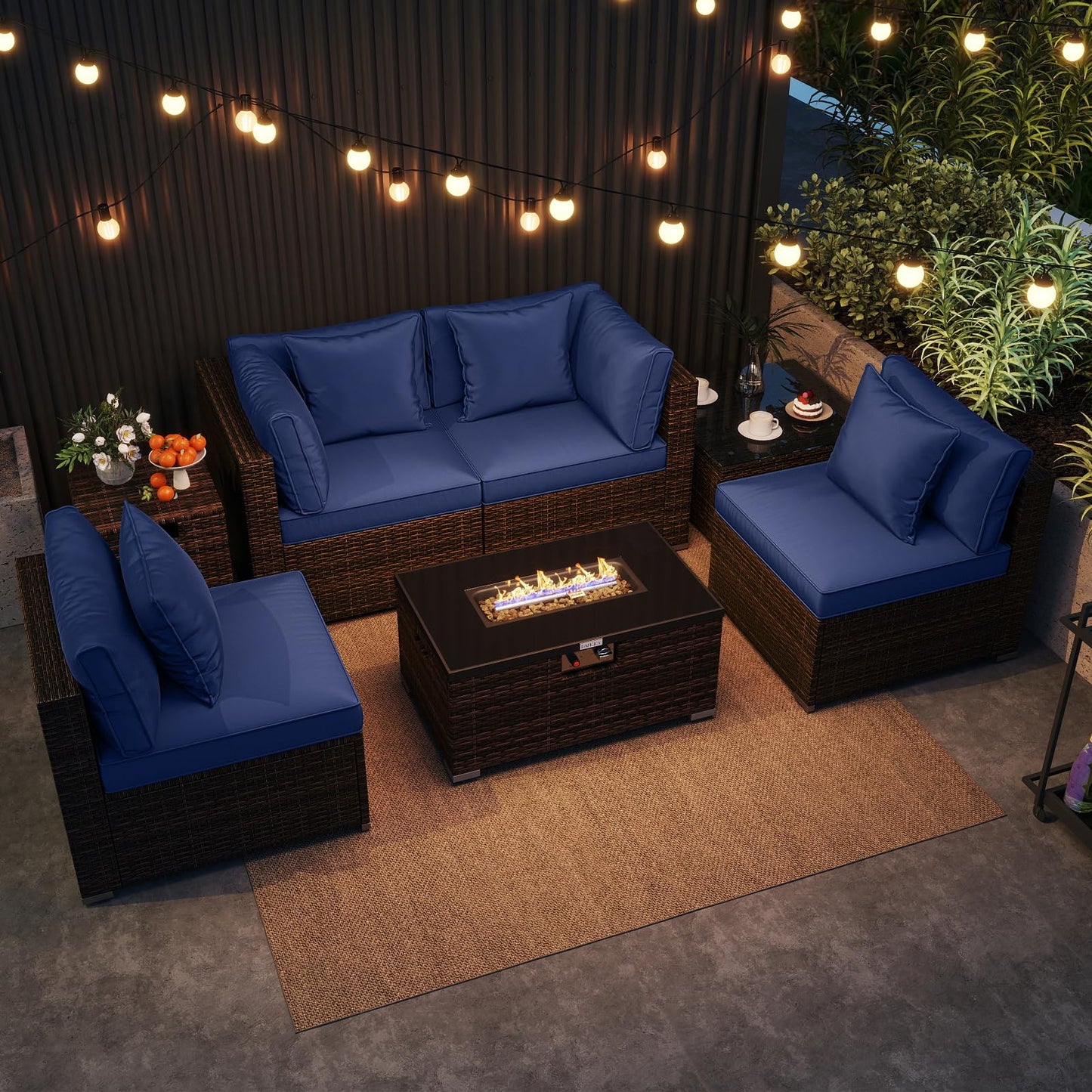 Tangkula 7 Pieces Wicker Patio Furniture Set with 40,000 BTU Gas Fire Pit Table & Propane Tank Cover Table & Glass Top Coffee Table