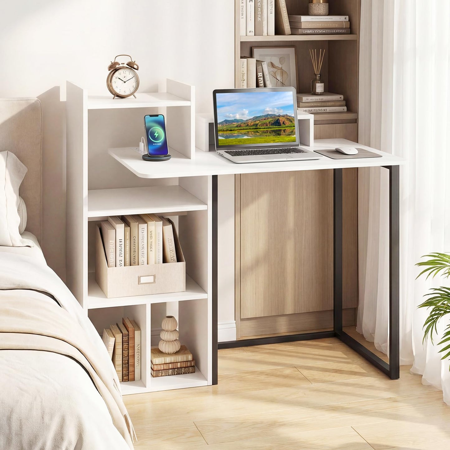 Tangkula 43.5" Computer Desk with Charging Station Ergonomic Monitor Stand & Storage Shelves