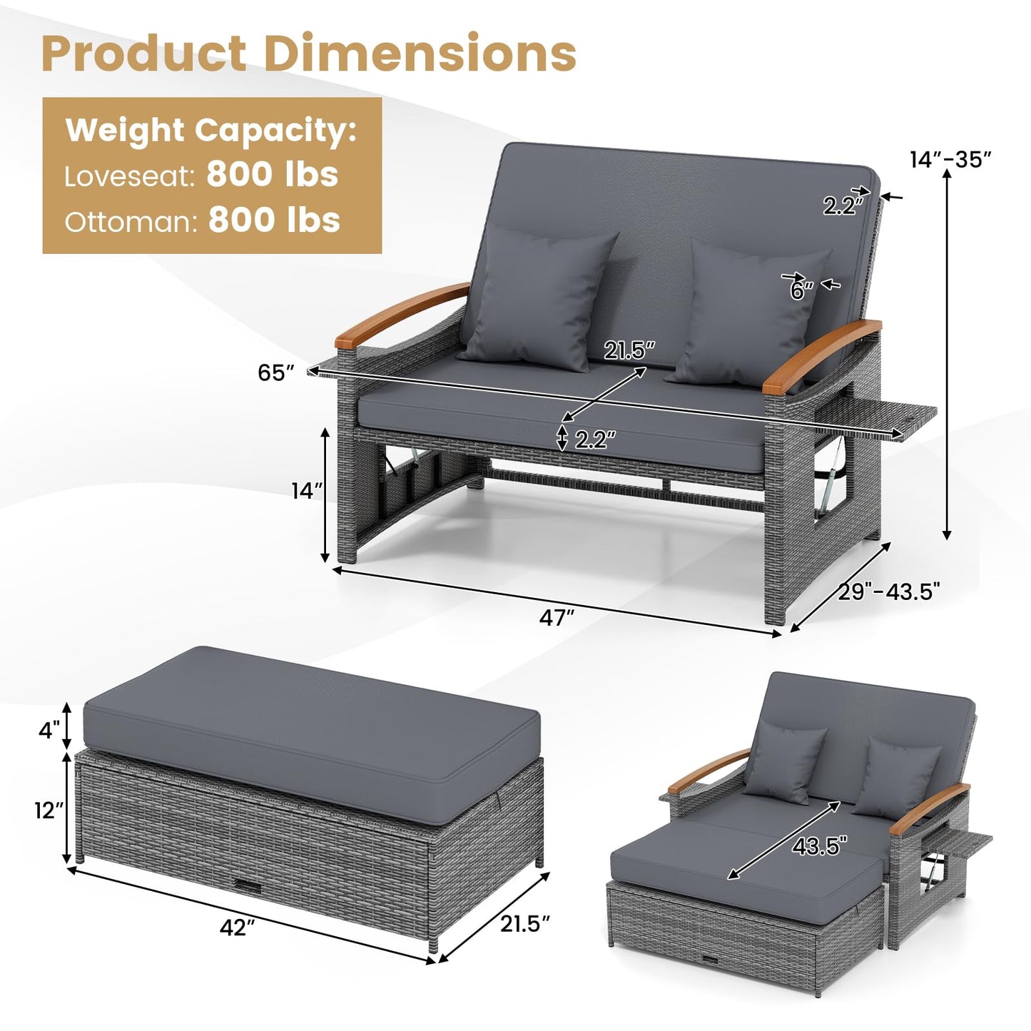 Tangkula Outdoor Wicker Loveseat with Acacia Wood Armrest Storage Ottoman & Folding Tray