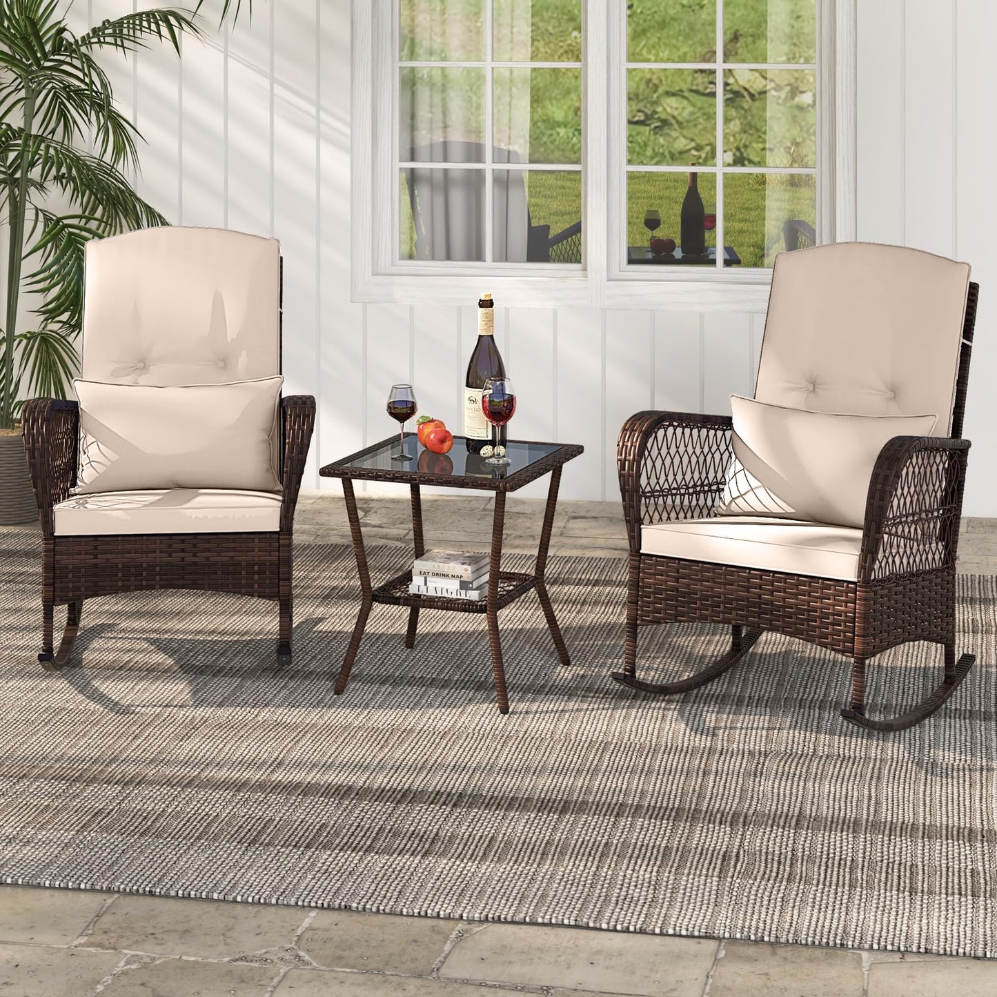 Tangkula 3 Piece Patio Rocker Set, Patiojoy Outdoor Wicker Rocking Chairs w/Double-Layer Coffee Table