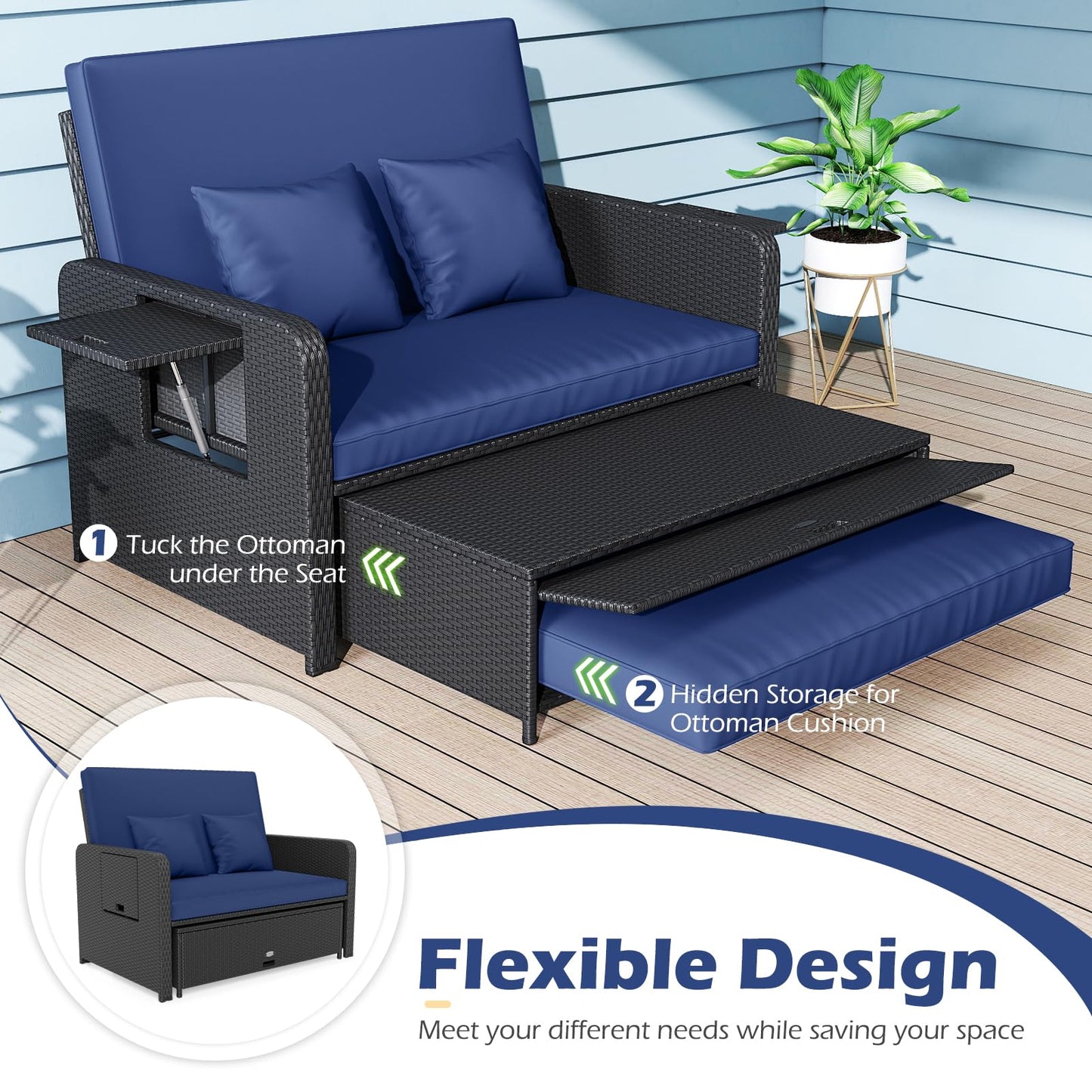 Tangkula Patio Rattan Daybed with 4-Level Adjustable Backrest Storage Ottoman & Folding Side Tray