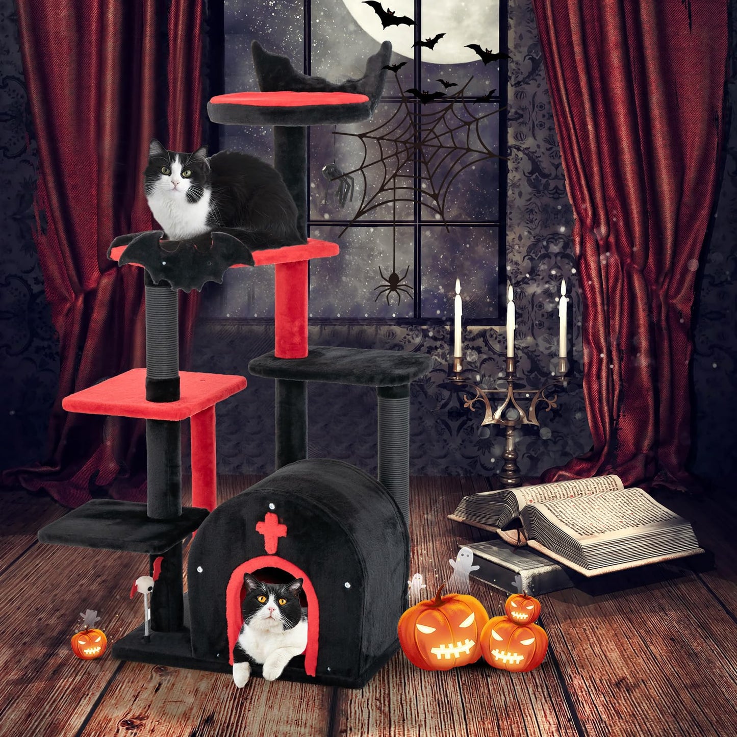 Tangkula Gothic Cat Tree, 53 Inch Black Cat Tower with Coffin Cat Bed, Spider Pompom & Spring Balls