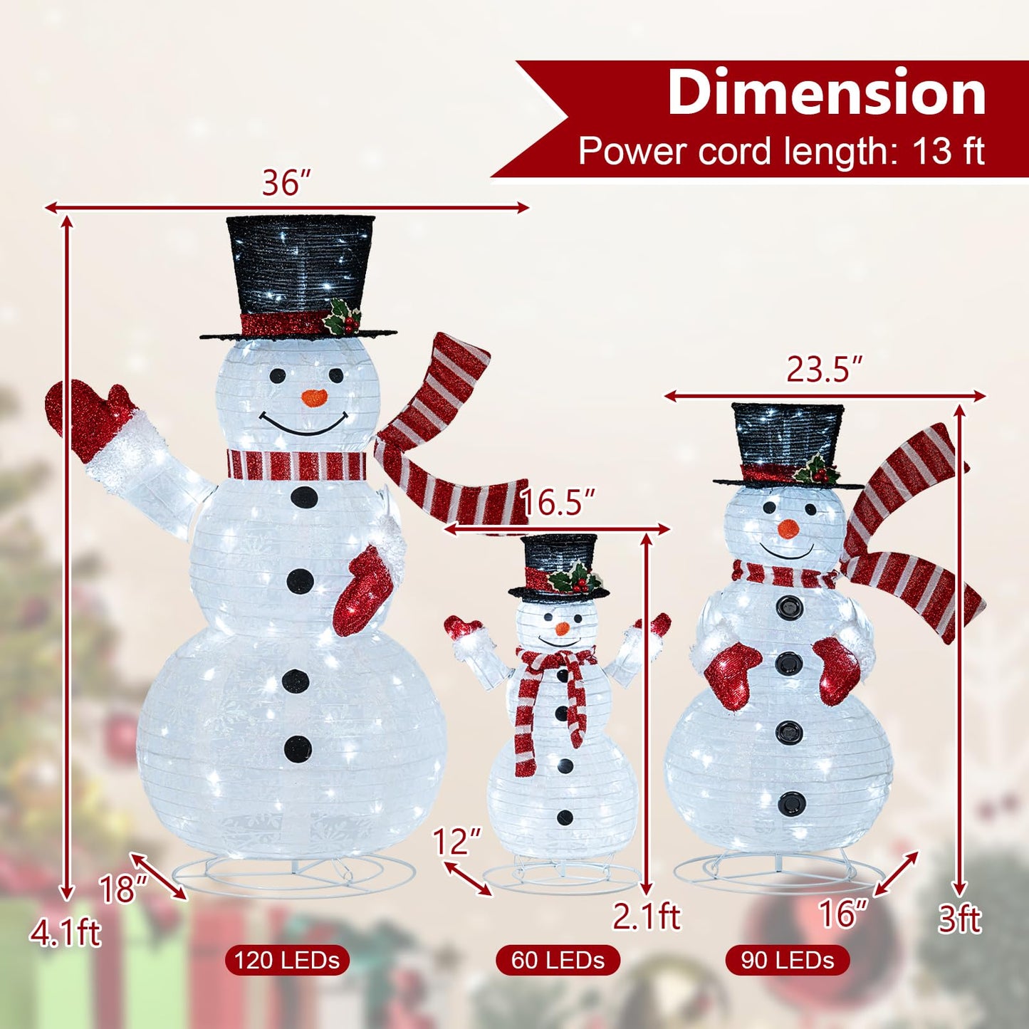Tangkula 4.1 FT Pre-Lit Xmas 3D Snowman Set with 270 LED Lights