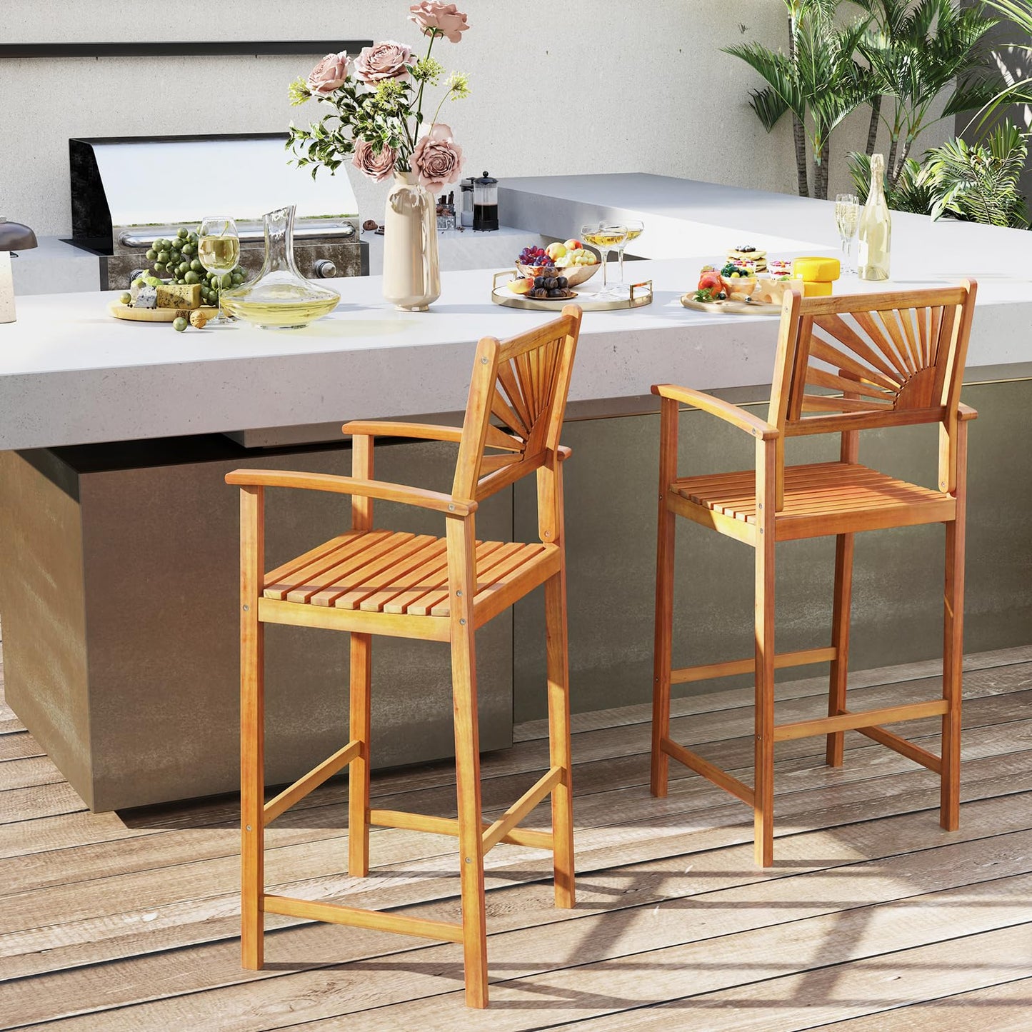 Tangkula Set of 2/4 Outdoor Acacia Wood Bar Stools