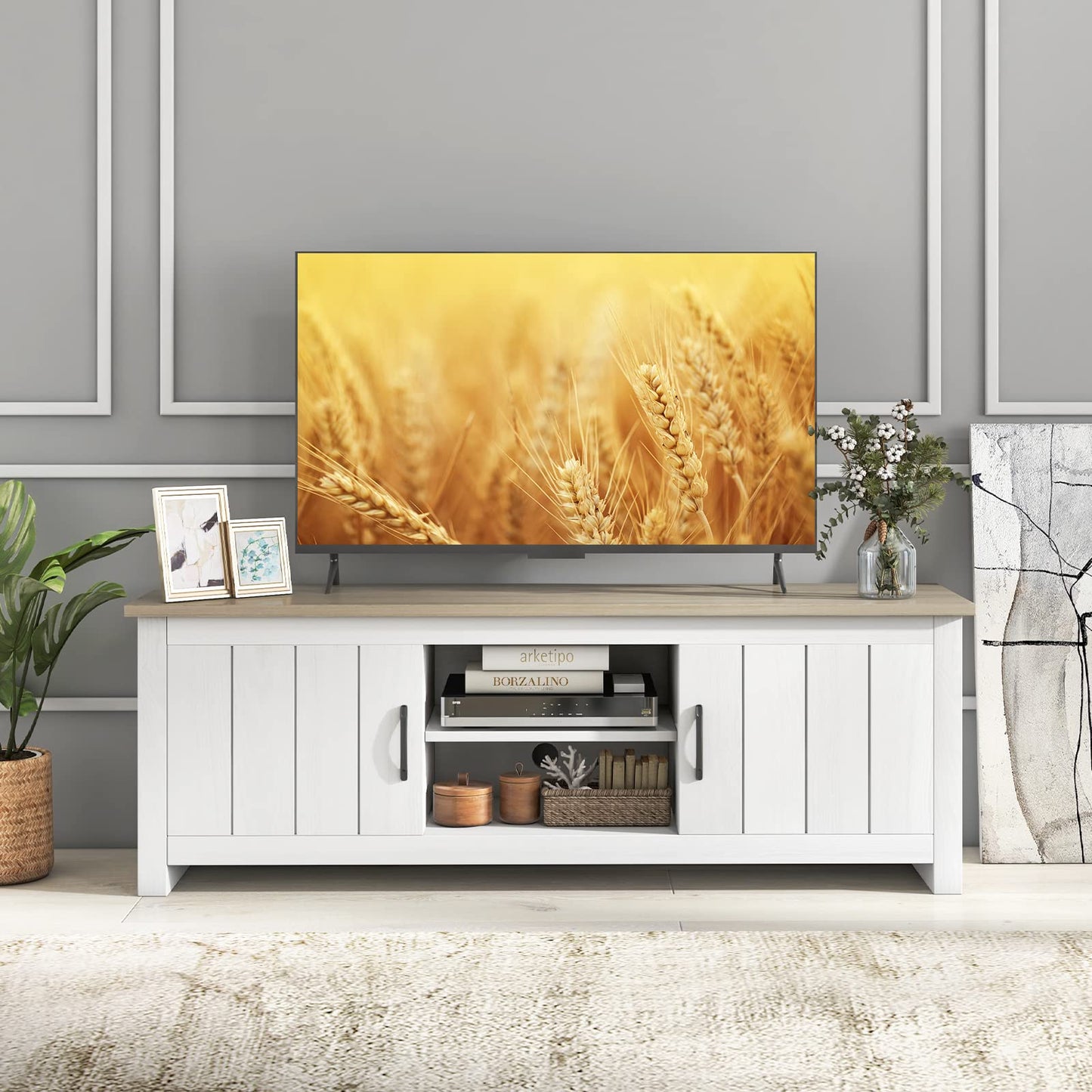 2 Doors TV Stand for TVs up to 65", White Oak - Tangkula
