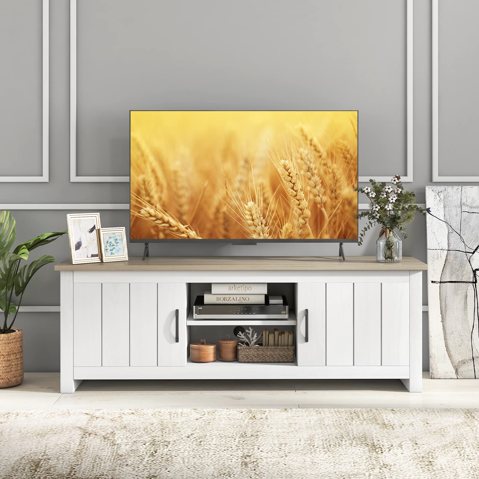 2 Doors TV Stand for TVs up to 65", White Oak - Tangkula