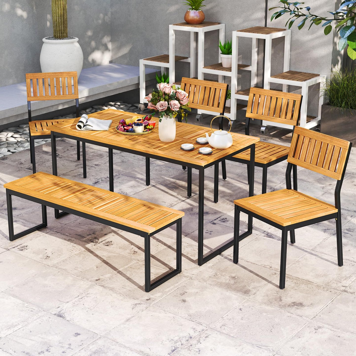 Tangkula 6 Pieces Outdoor Acacia Wood Dining Set