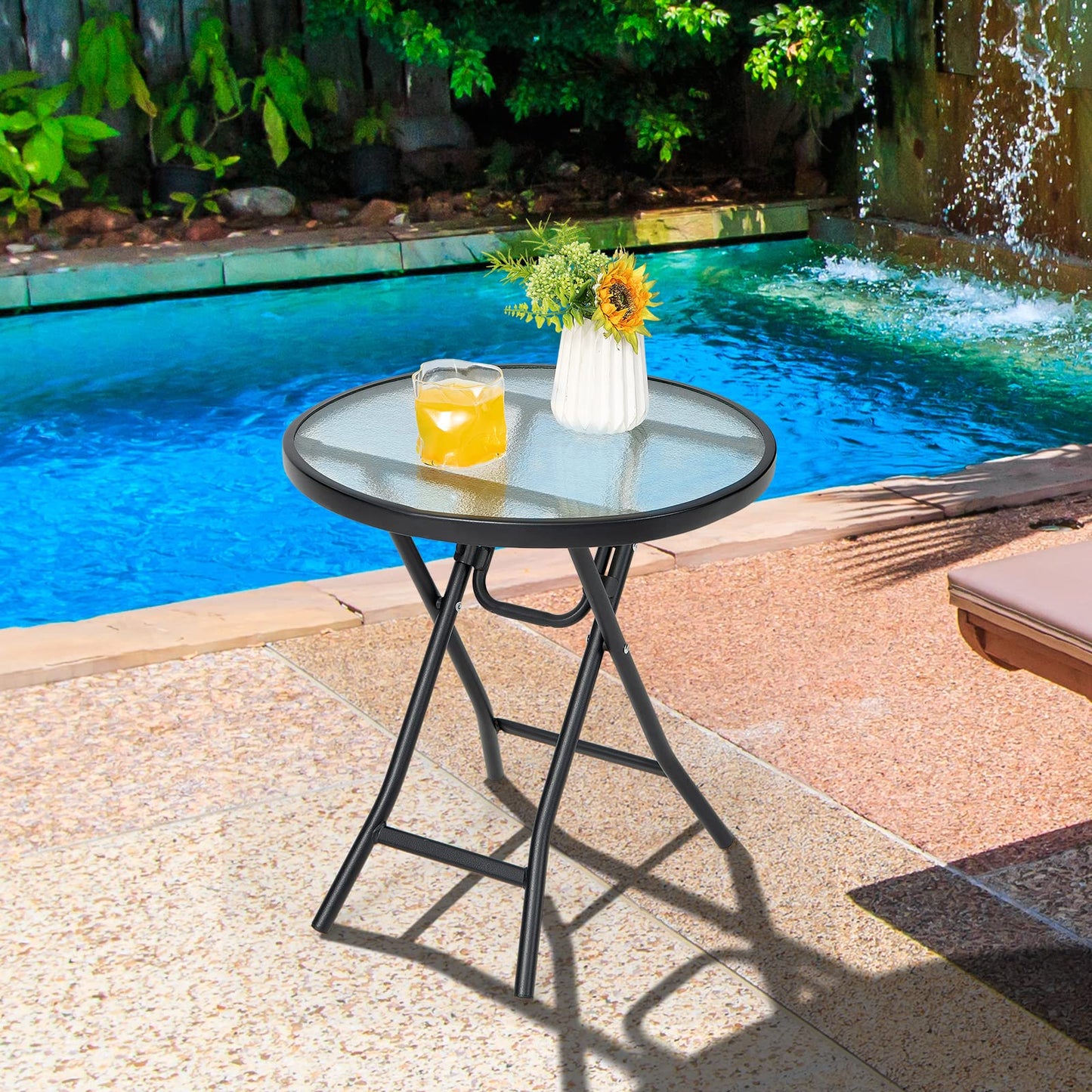 Tangkula Patio Bistro Table, 18" Round Side Table with Tempered Glass Tabletop (Black)