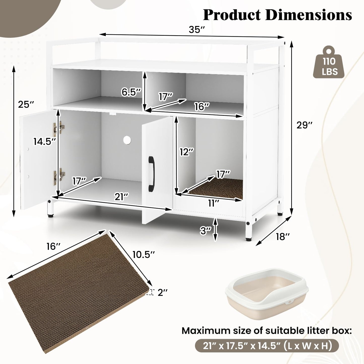 Meuble Cache-Litière Tangkula avec 2 Compartiments de Rangement pour Chatons d'Intérieur