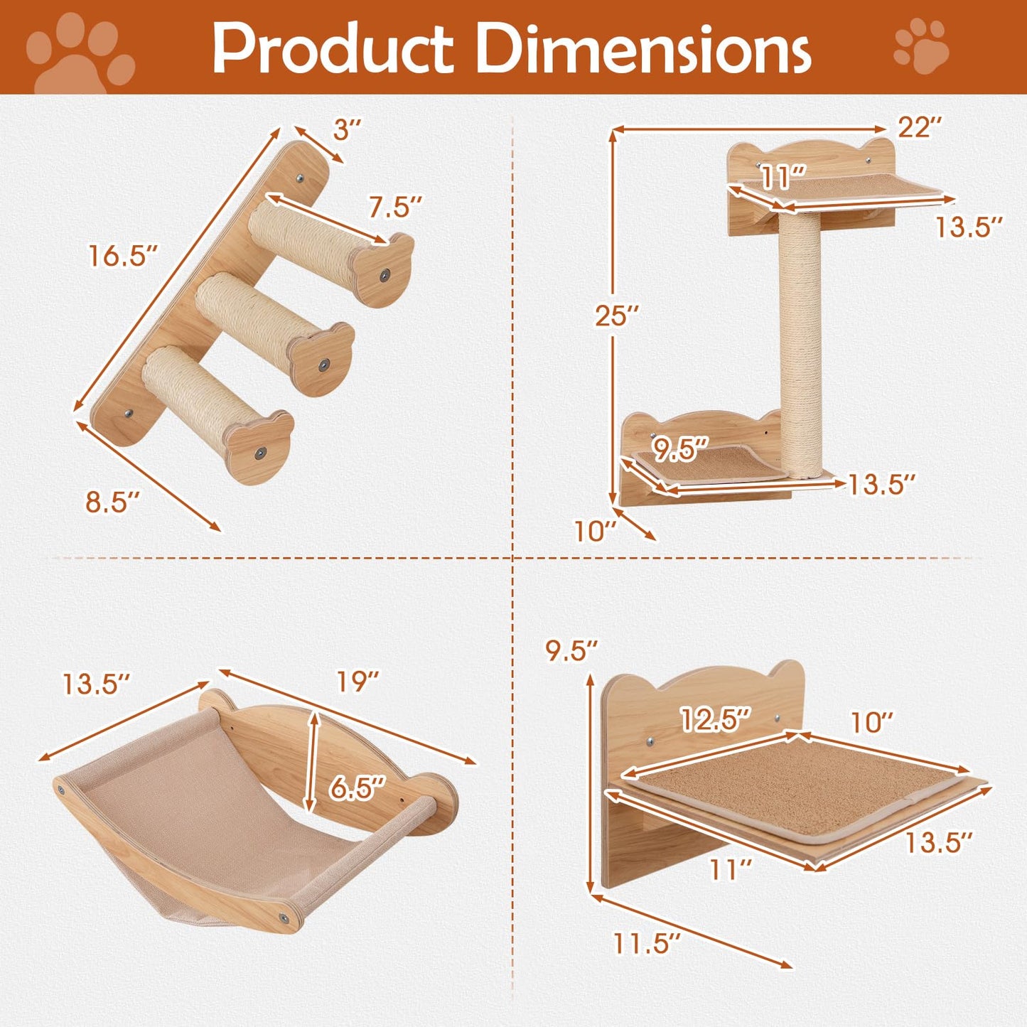 Tangkula Cat Wall Shelves, Wall Mounted 4pcs Kitten Furniture Set with Hammock