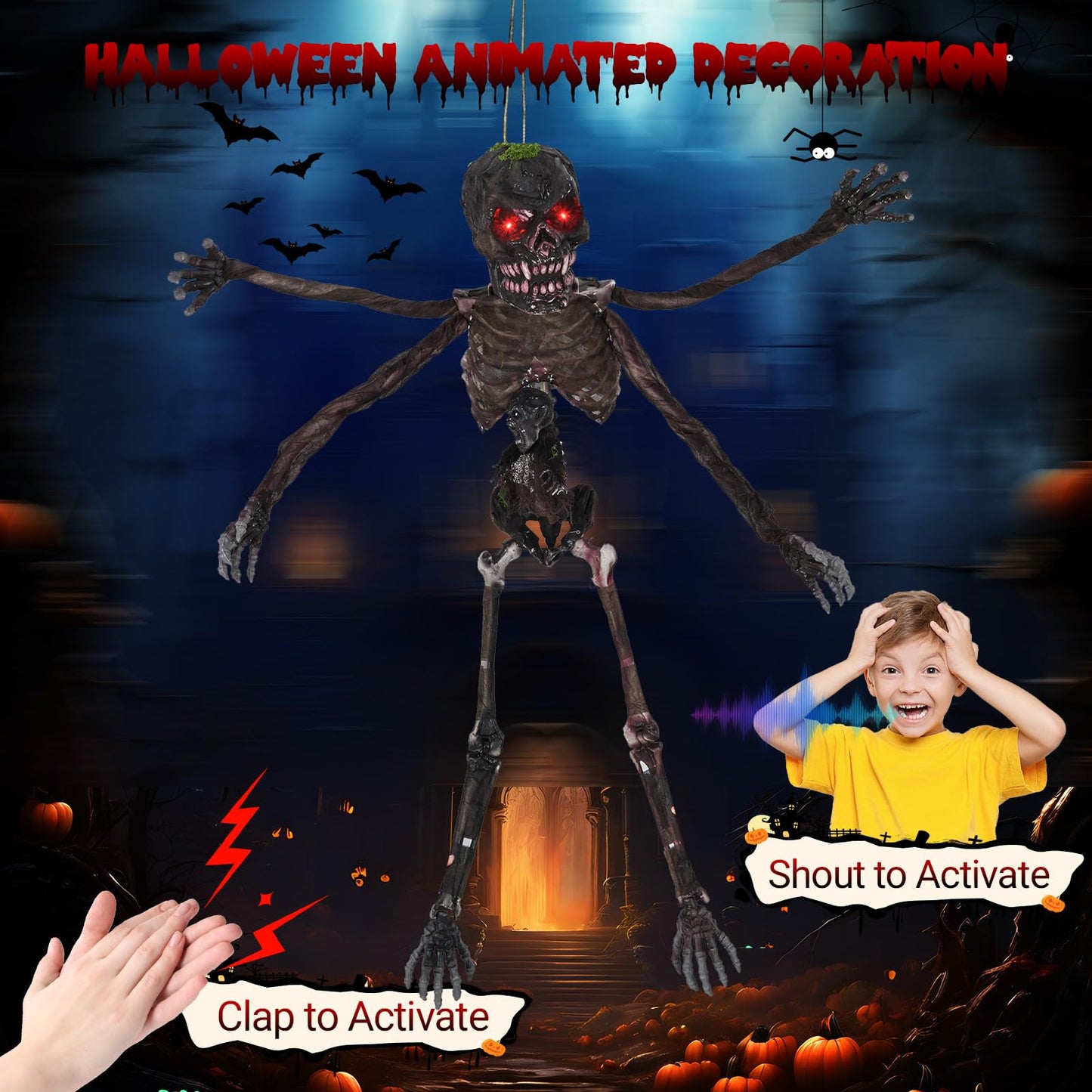 Décoration animatronique d'Halloween Tangkula de 1,80 m avec yeux rouges lumineux