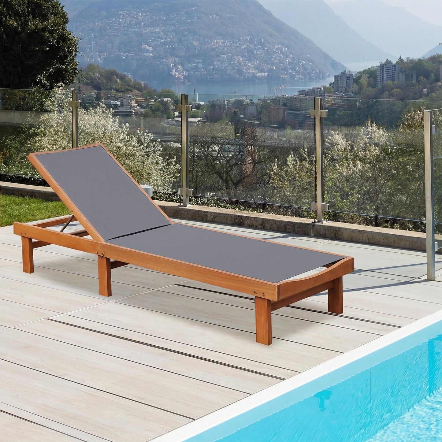 Tangkula Wood Lounge Chair Outdoor for Poolside Lawn Backyard