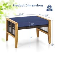 Tangkula Set of 2 Outdoor Ottomans, Patio Acacia Wood Ottomans with Cushions (Navy)