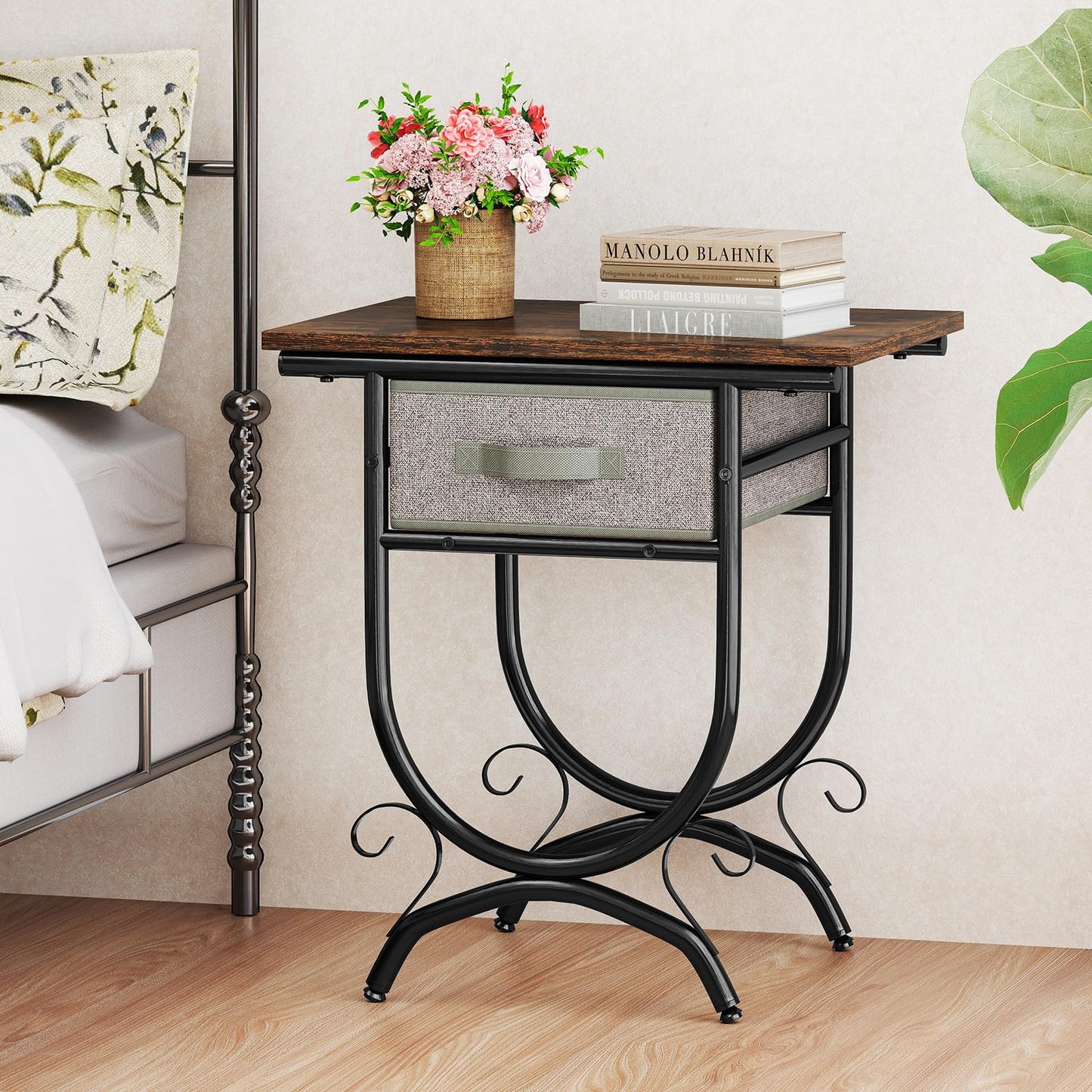 Tangkula Nightstand with Fabric Drawer for Bedroom Living Room Small Space