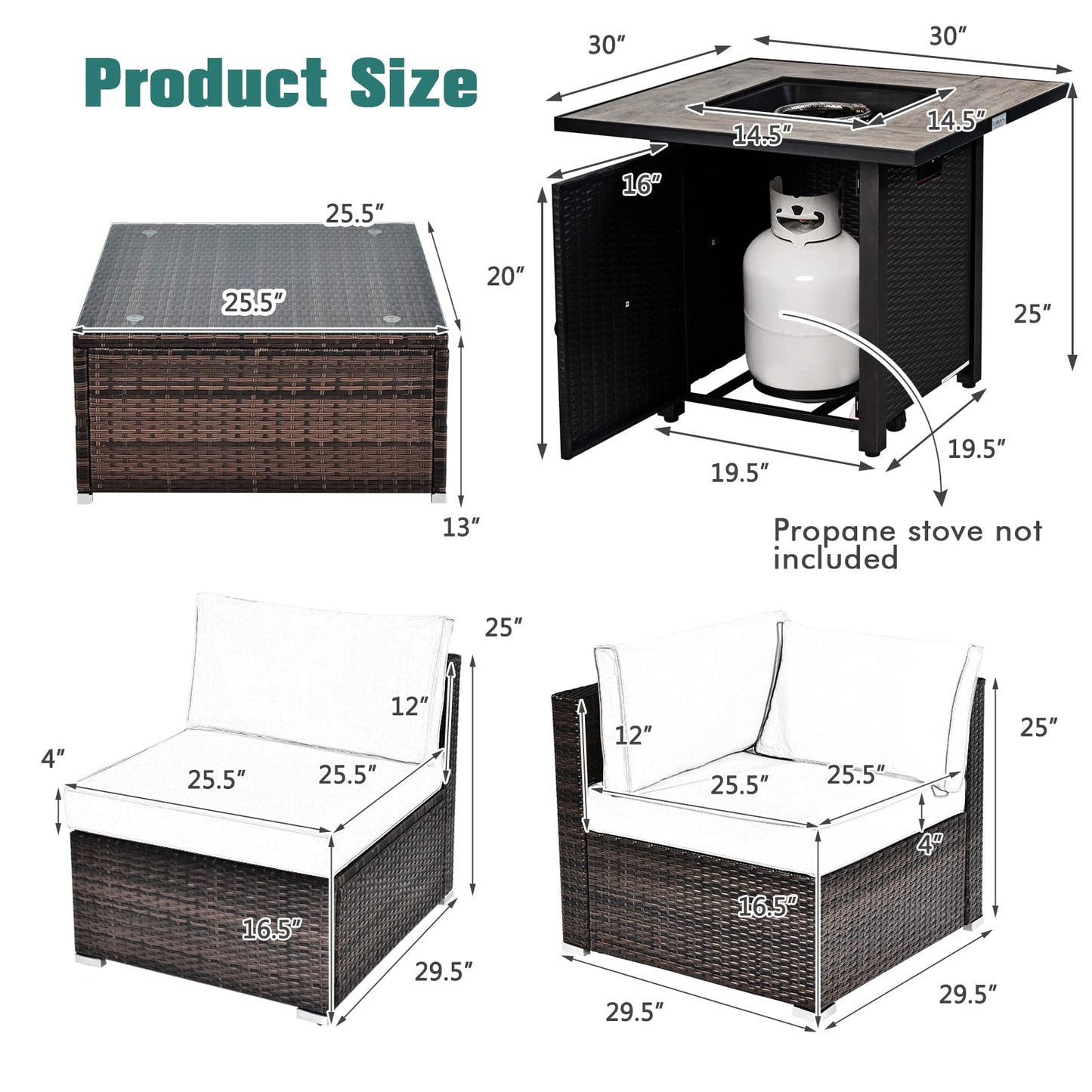 Ensemble de meubles de patio 7 pièces Tangkula avec table brasero, table brasero au propane 30 pouces 50 000 BTU