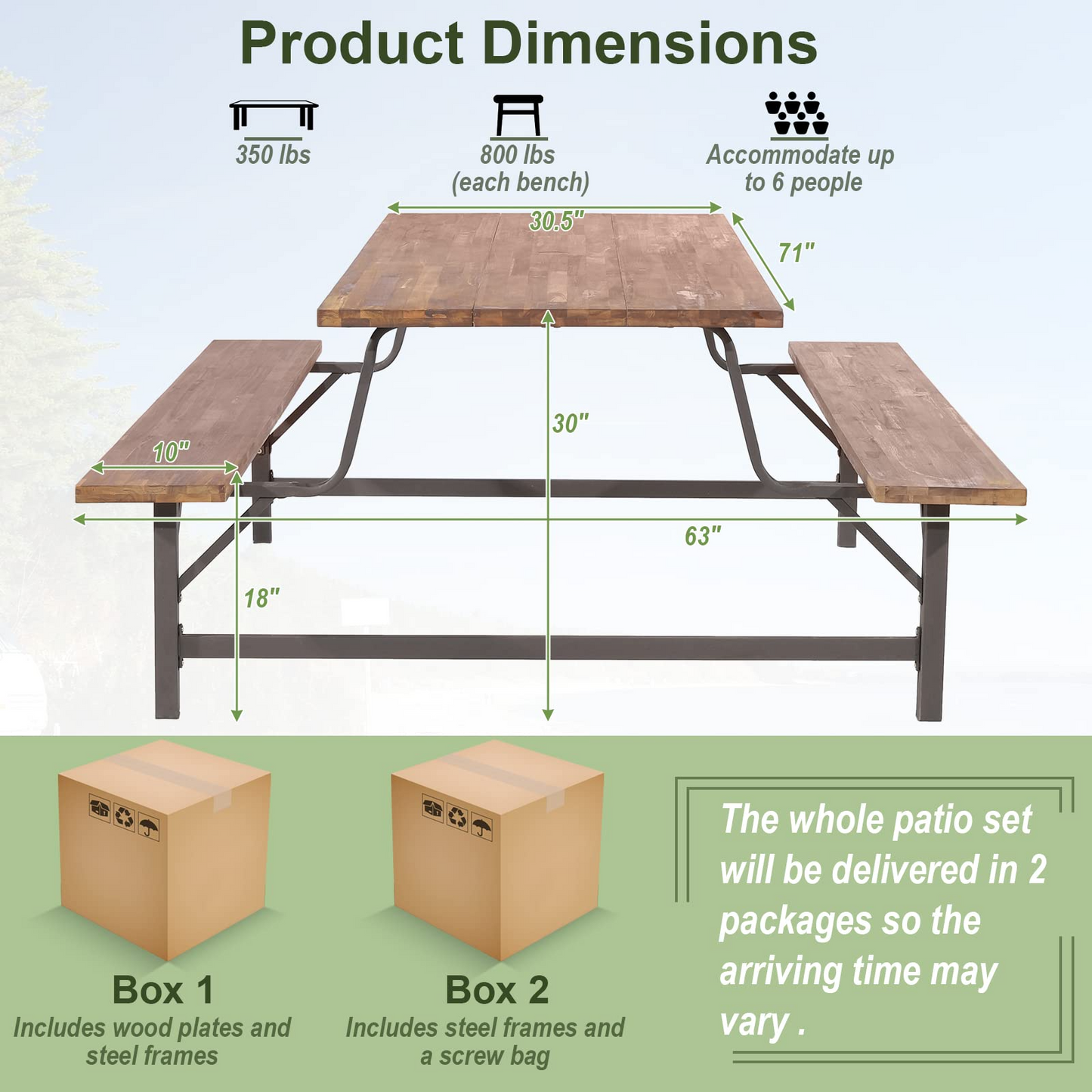 Tangkula Wood Picnic Table, Outdoor Acacia Wood Picnic Table Bench Set with 2 Built-in Benches