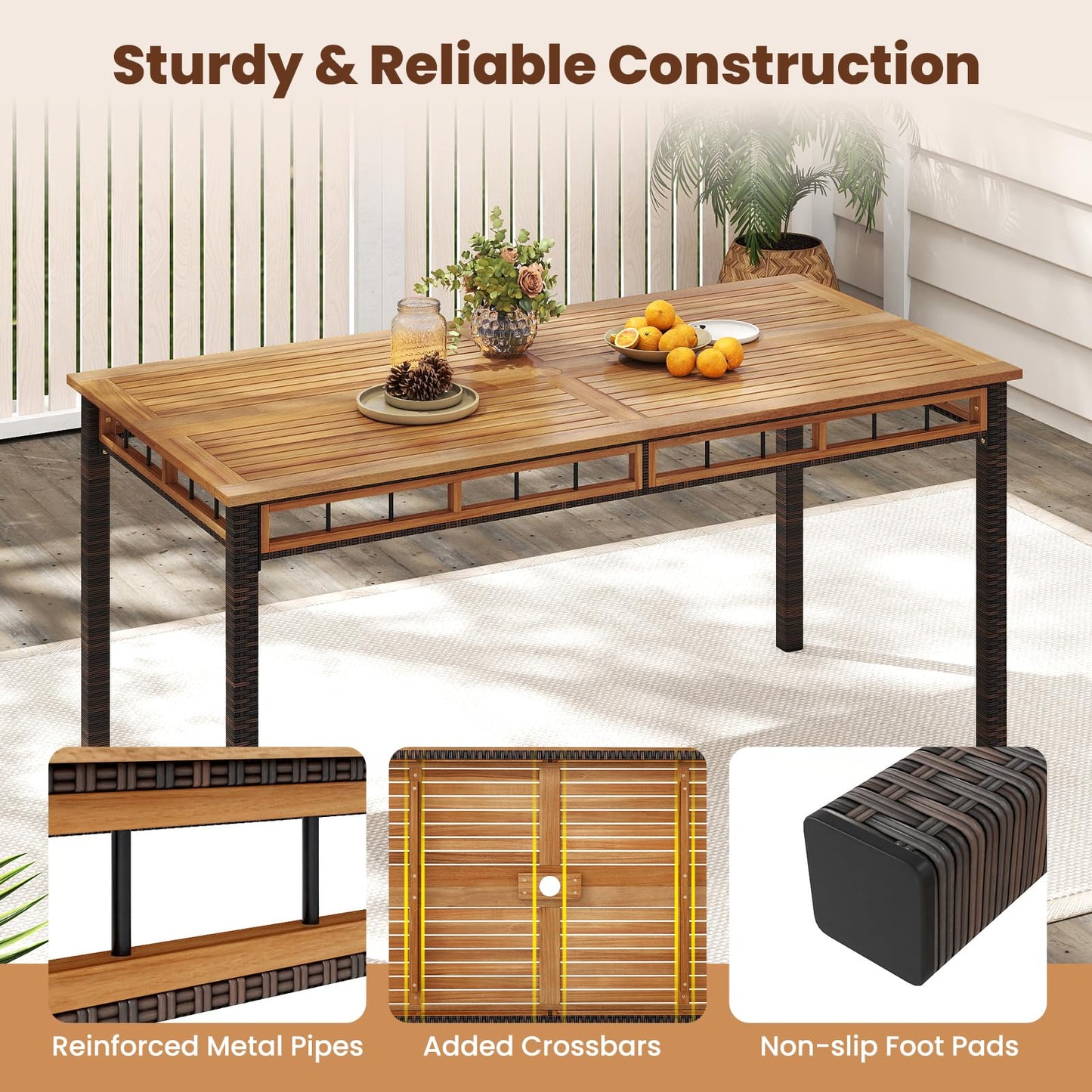 Tangkula Outdoor Acacia Wood Rectangular Table with 1.97” Umbrella Hole and Cushioned Chairs