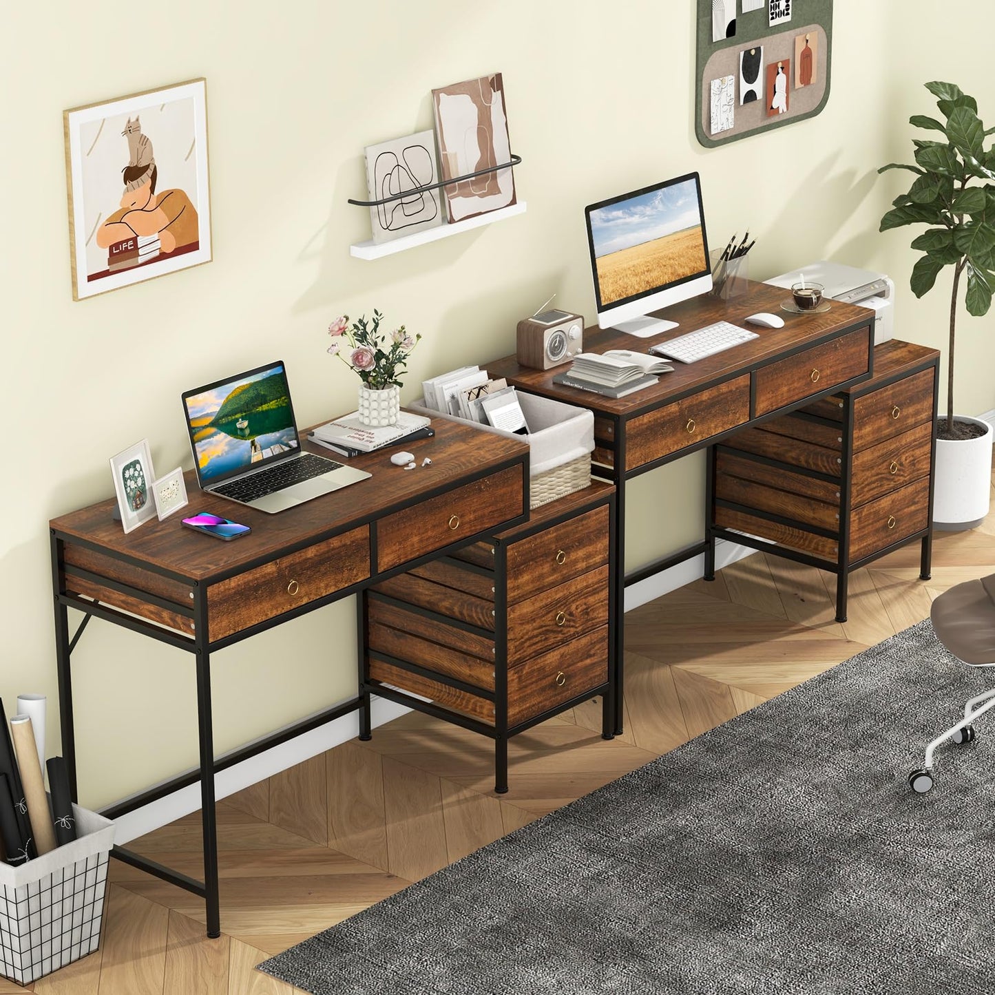 Tangkula Bureau d'ordinateur 130 cm avec 5 tiroirs, support pour imprimante, cadre en métal, table d'étude et d'écriture