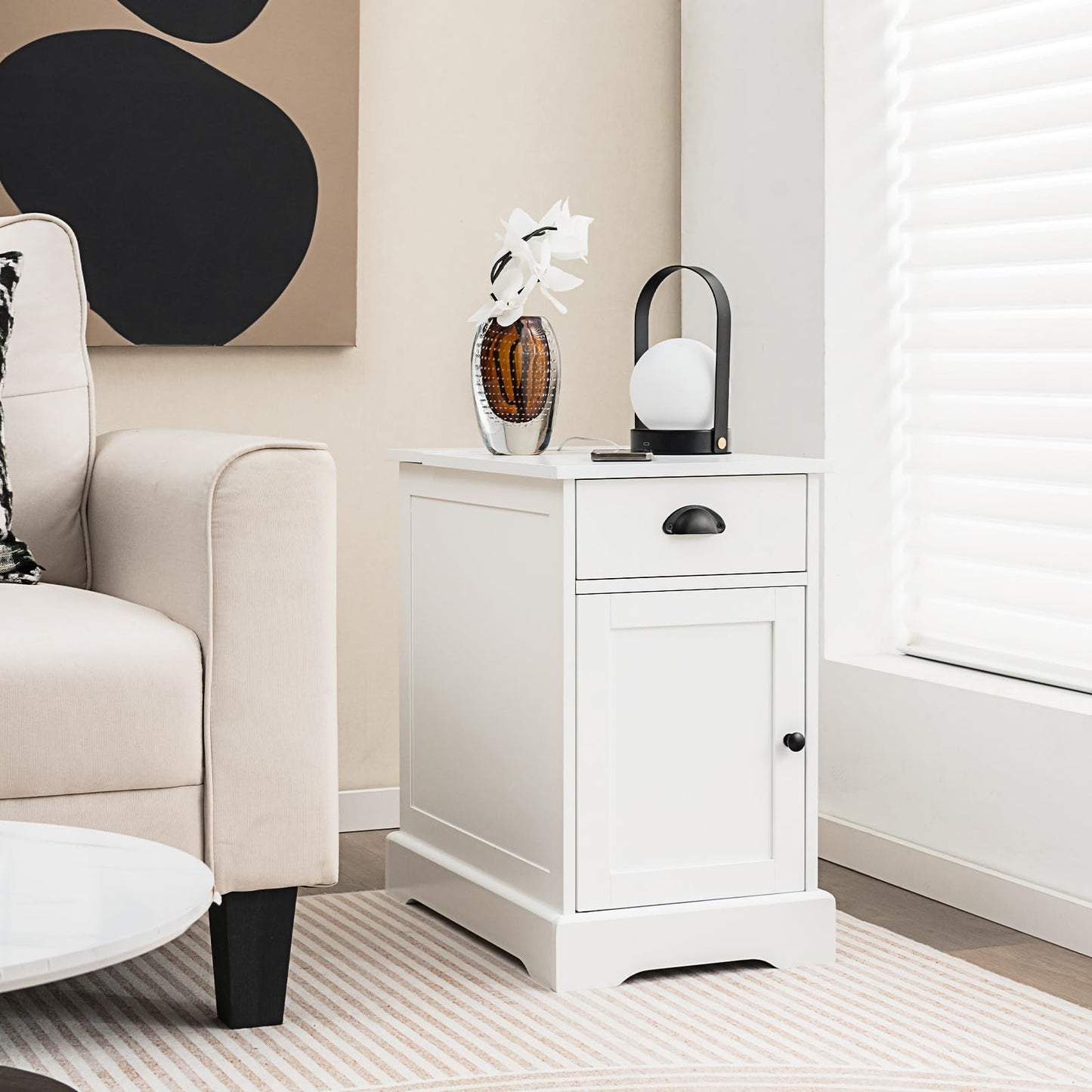 Tangkula Side Table with Charging Station, Modern Nightstand, Narrow End Table