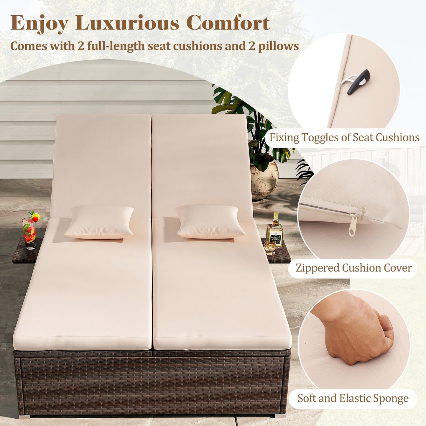 Tangkula Patio Double Chaise Lounge, Patiojoy 6 Position Adjustable Wicker Recliner Bed