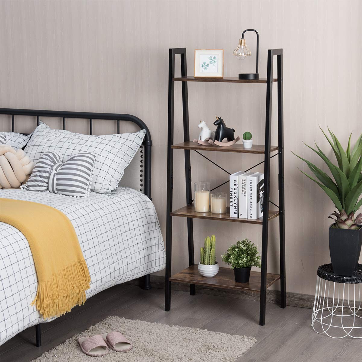 TANGKULA Industrial Ladder Shelf with Metal Frame