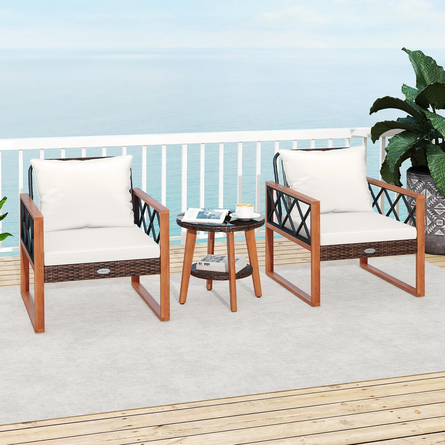 Ensemble de meubles de patio en osier Tangkula 3 pièces avec cadre en bois d'acacia