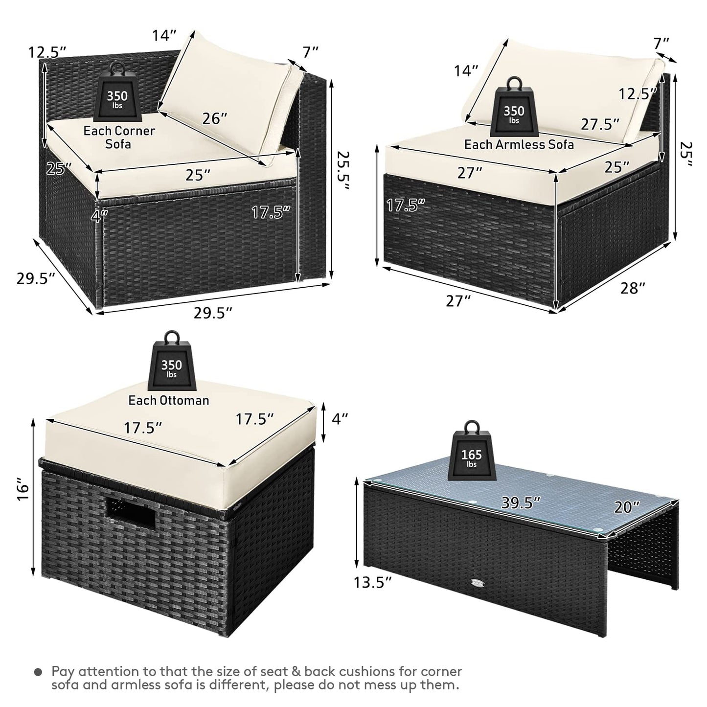 8-Piece Patio Furniture Set with Cover, 2 Ottomans, 2 Armless Sofas & Corner Sofas