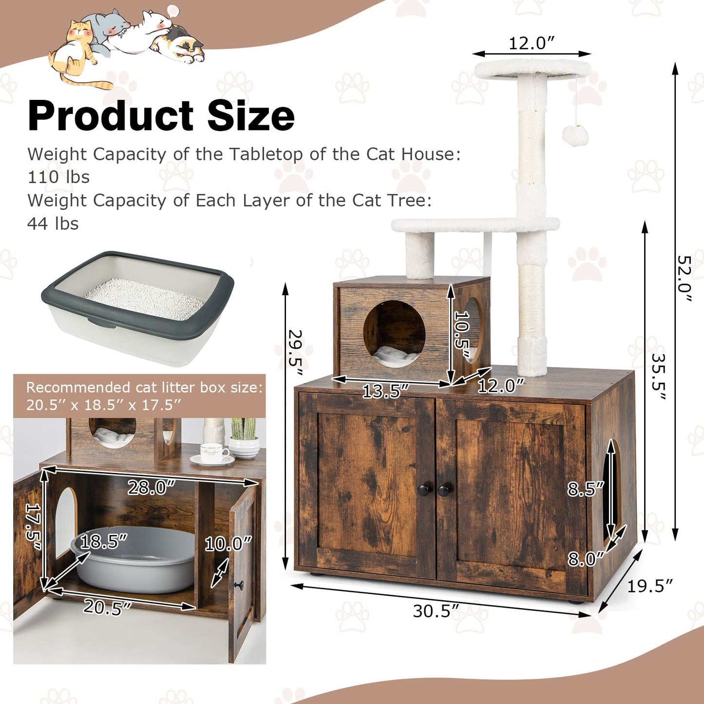 Tangkula Litter Box Enclosure with Cat Tree Tower, 2-in-1 Hidden Cat Washroom with Cat Condo
