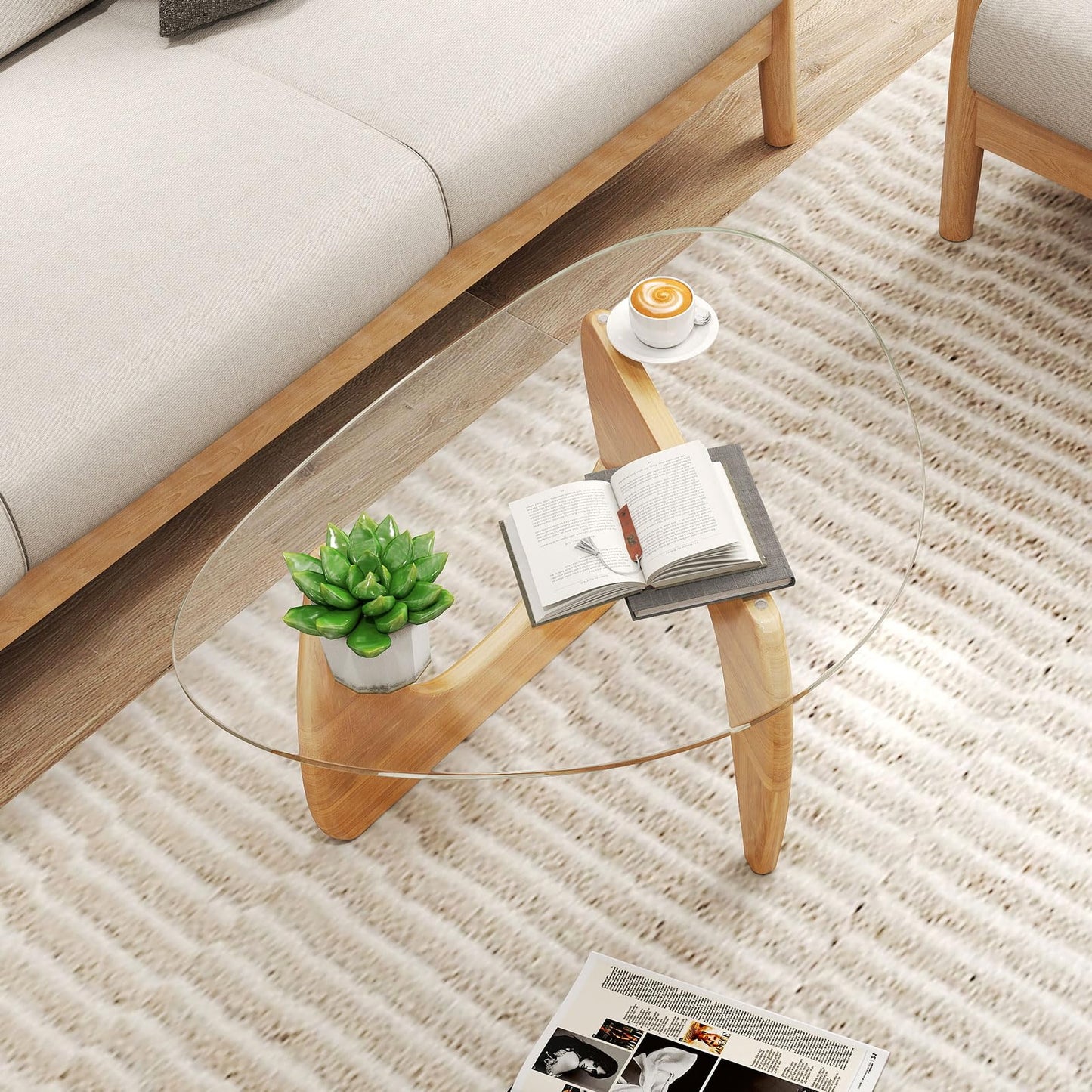 Tangkula Triangle Glass Coffee Table Mid-Century Modern Center Table