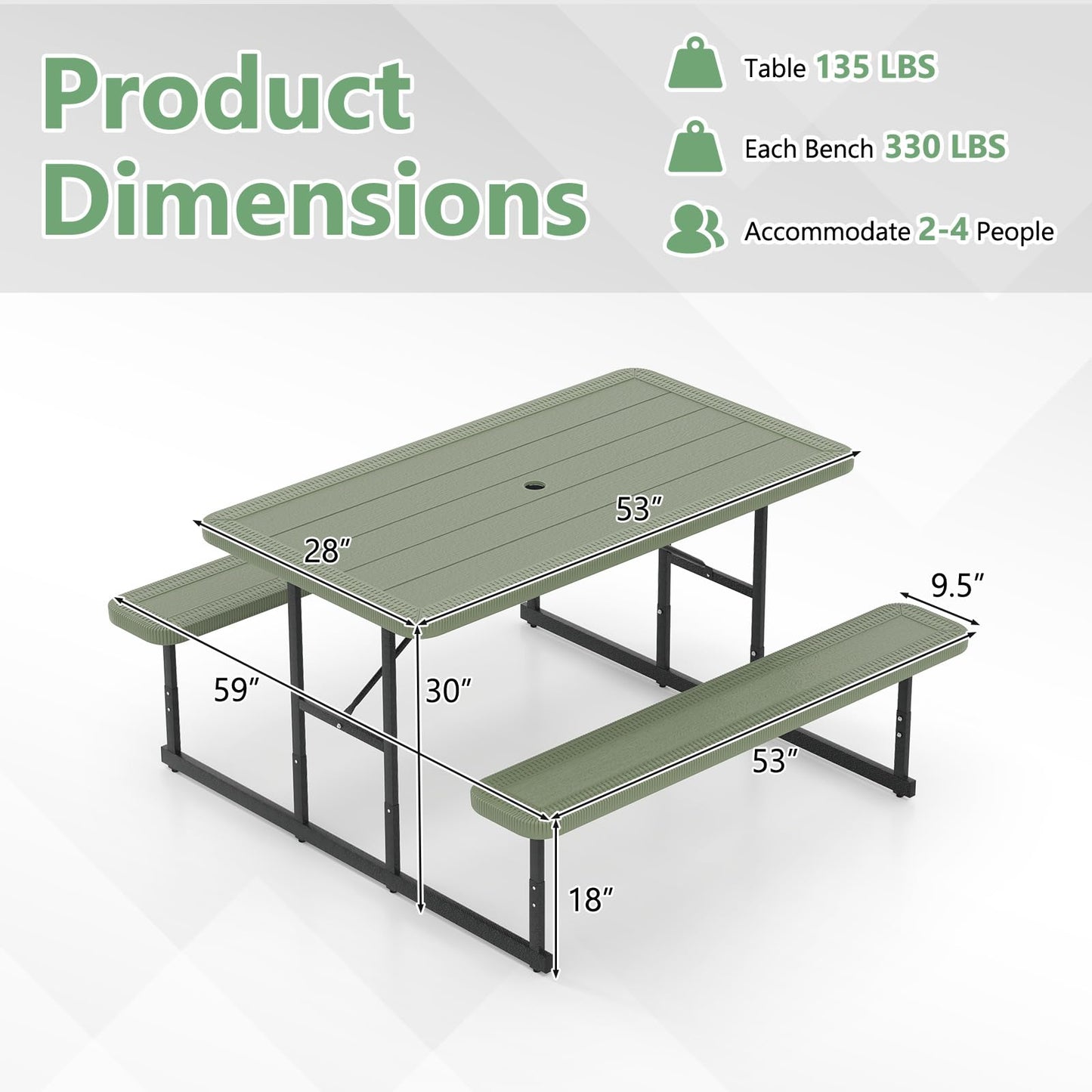 Tangkula HDPE Outdoor Rectangular Table Bench Set with 2 Built-in Benches