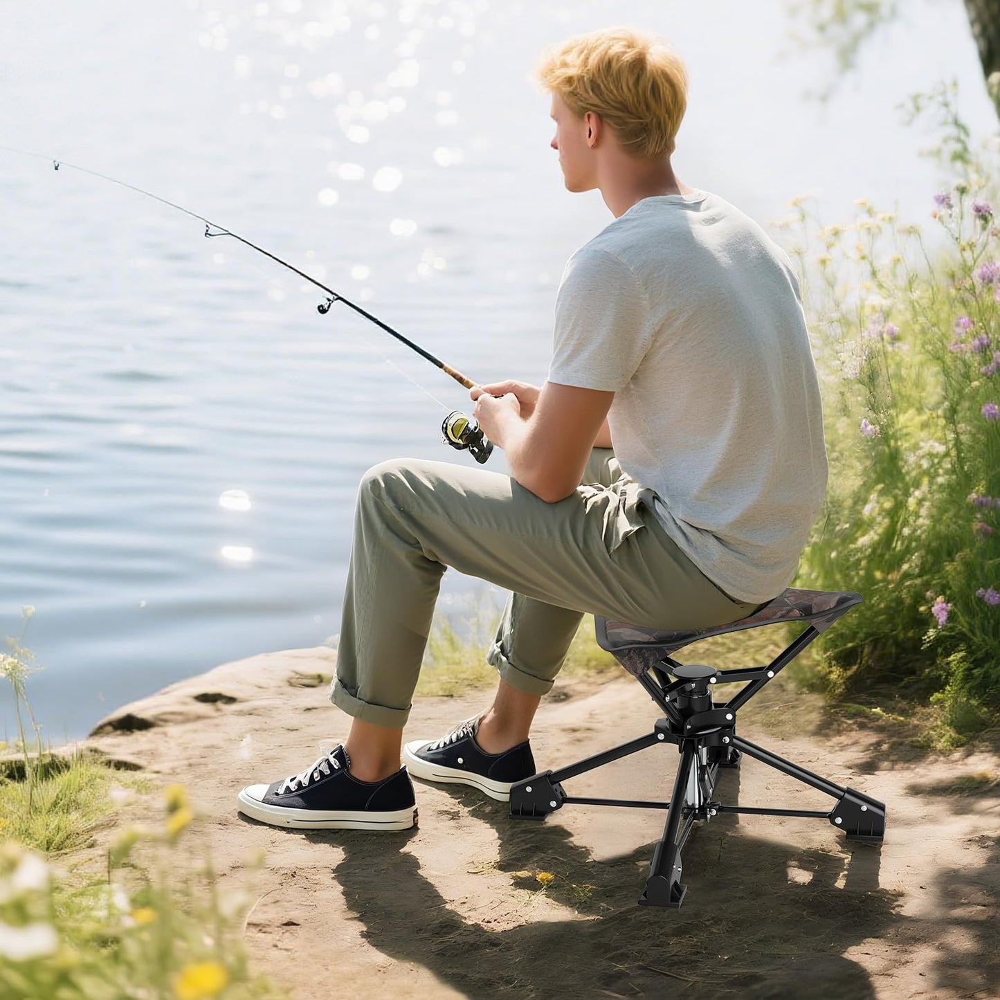 Tangkula 360°Swivel Foldable Camping Stool with Anti-Sink Feet & Carrying Bag
