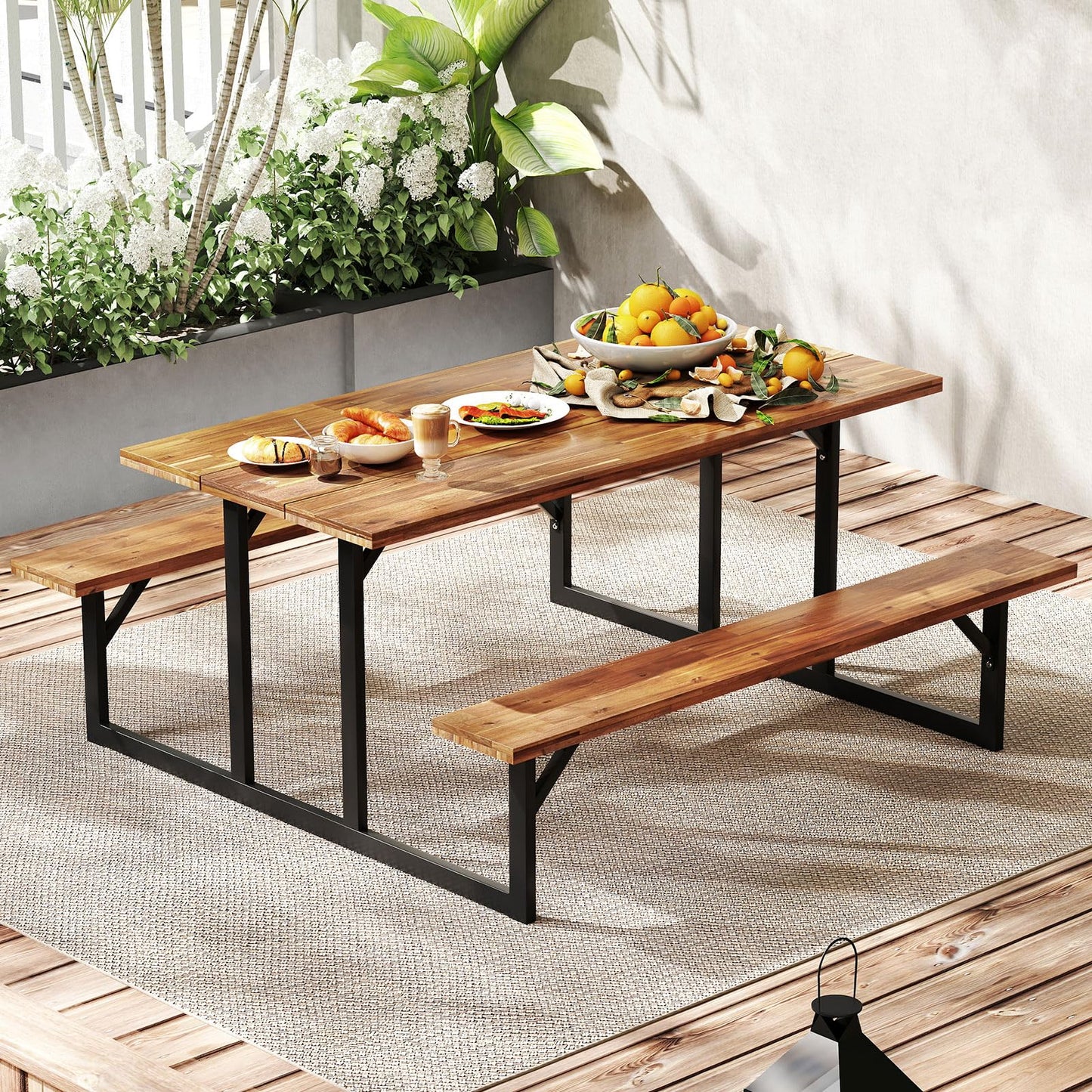 Tangkula 6 Person Acacia Wood Picnic Table with 2 Built in Benches