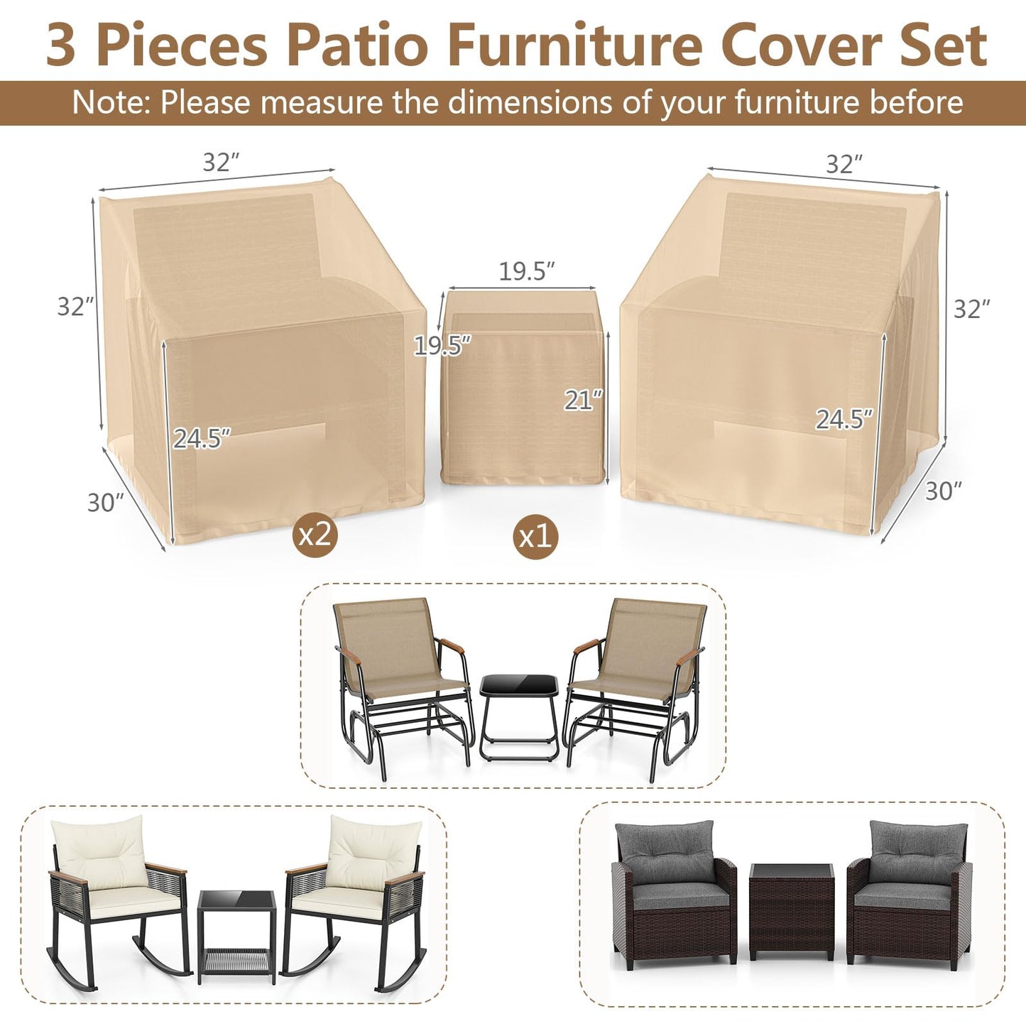 Tangkula Patio Furniture Covers Waterproof Outdoor Conversation Covers for 3 Pieces Bistro Set