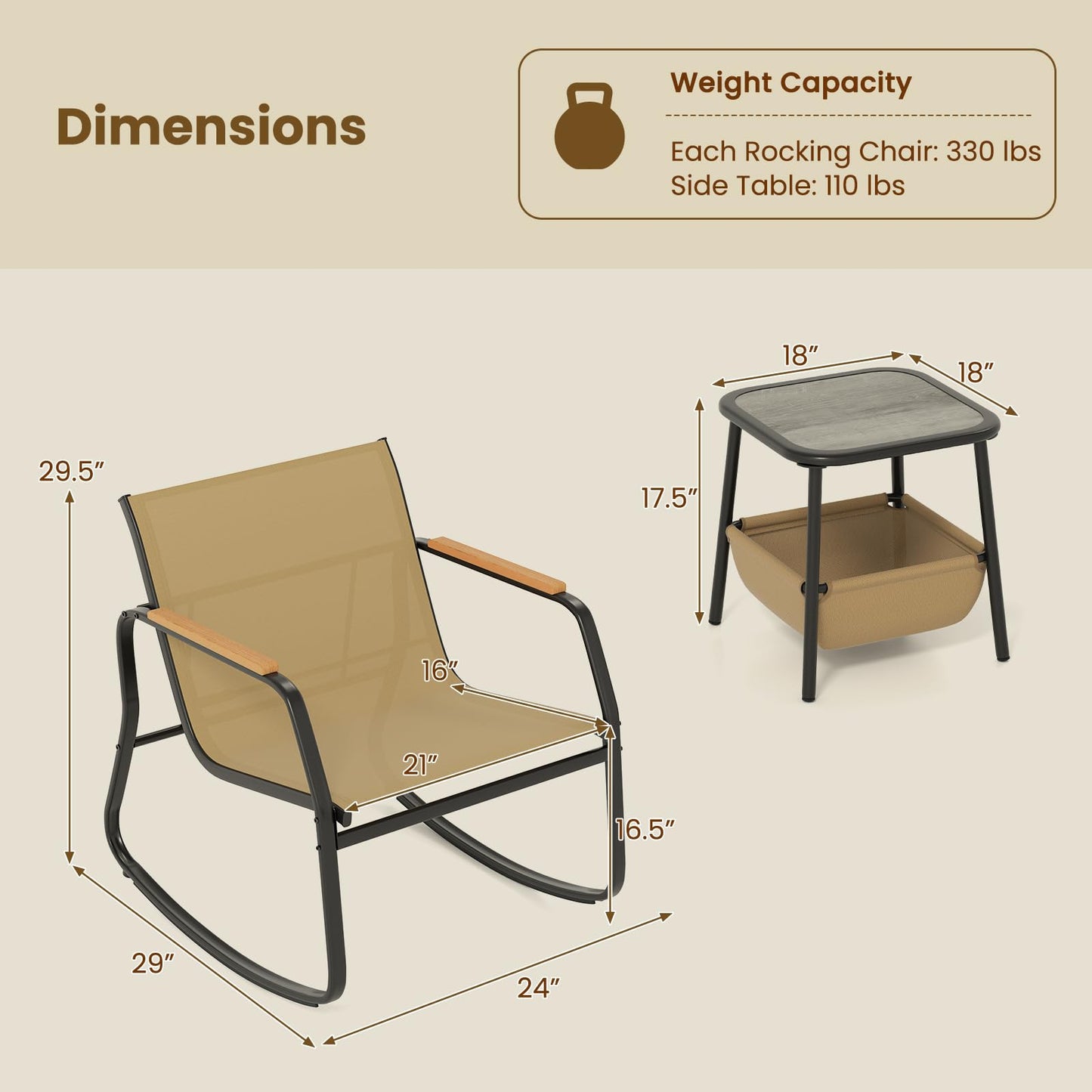 Tangkula 3 Piece Rocking Bistro Set Outdoor for Porch