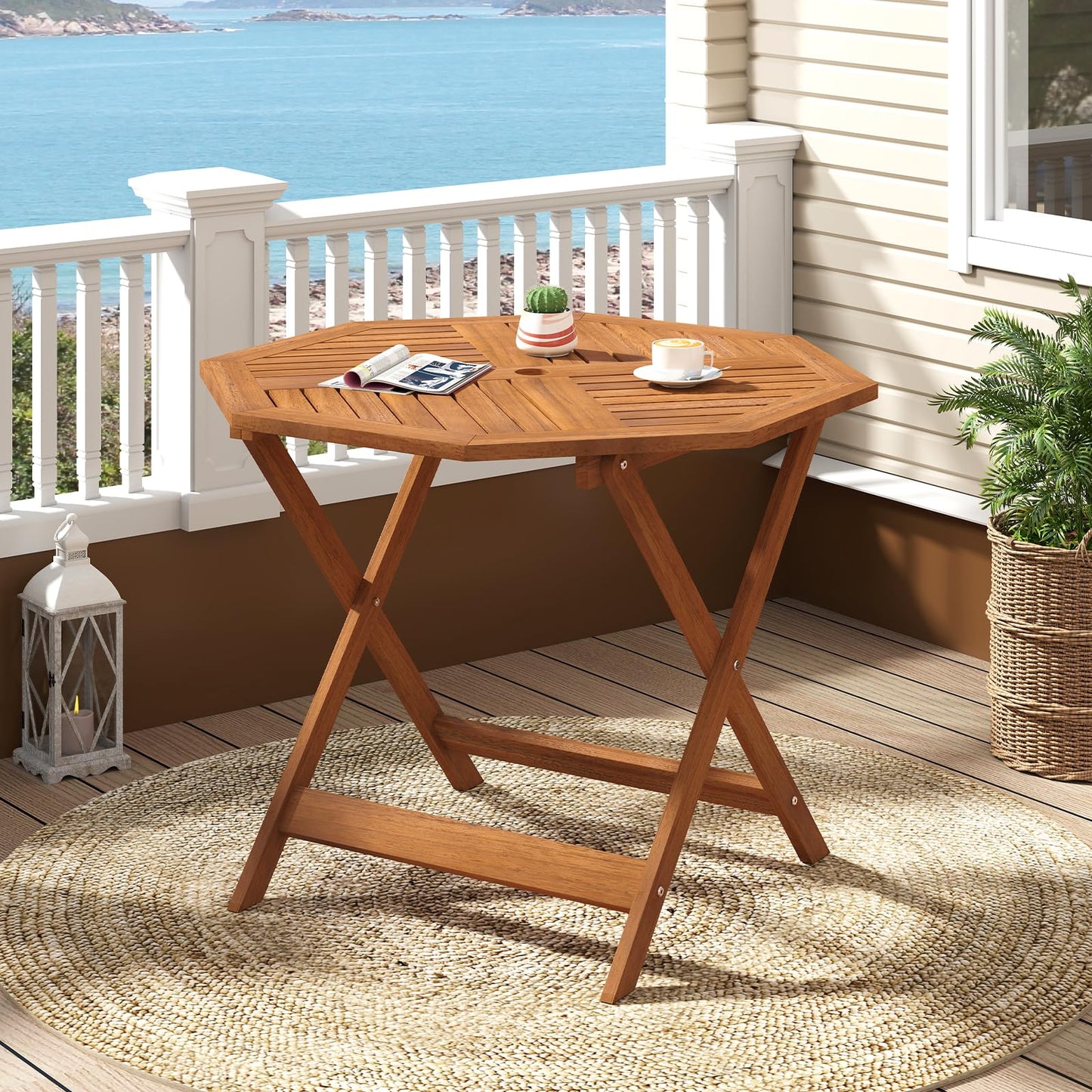 Table de salle à manger Tangkula en bois pour patio avec trou pour parasol de 5 cm