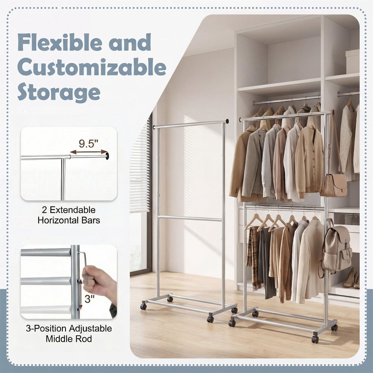 Tangkula Double Rolling Clothes Rack with Wheels