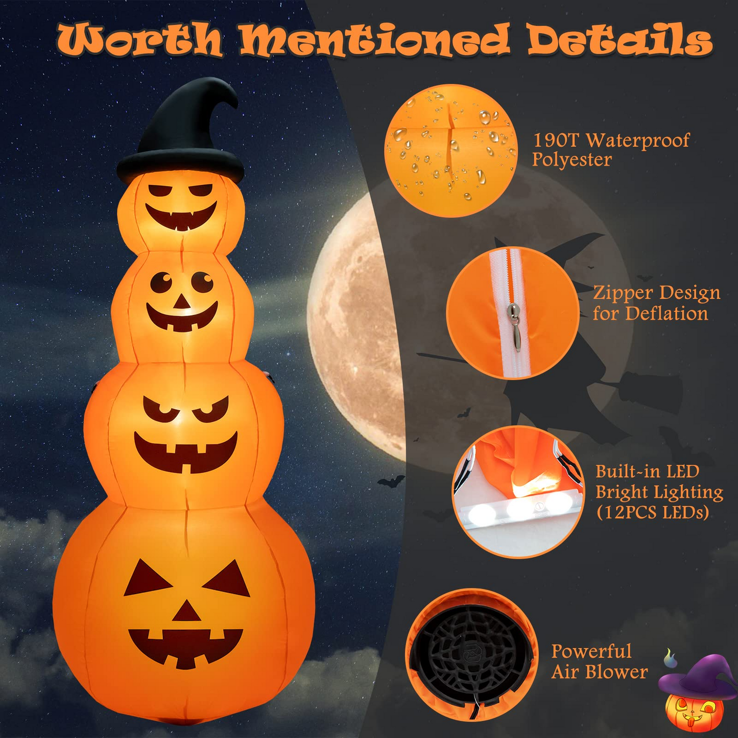 Tangkula 8 FT Halloween Inflatable Pumpkin, 4 Pumpkins Stack Halloween Decorations