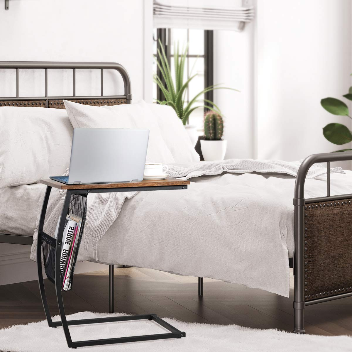Tangkula Sofa Side End Table, C Table Snack Table with Side Pocket & Metal Frame, Over Bed Table Industrial Side Table for Sofa Couch Bed