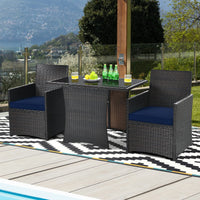 3 Pieces Patio Dining Set, Space-Saving PE Rattan Bistro Set with Tempered Glass Top Table and Cushioned Chairs