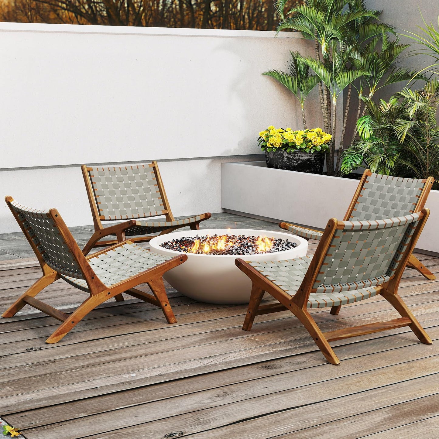 Tangkula Patio Teak Wood Chair with Nylon Webbing Seat & Back