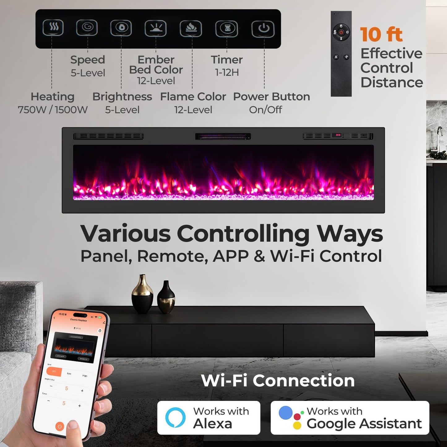 Tangkula 68” Wi-Fi Enabled Electric Fireplace