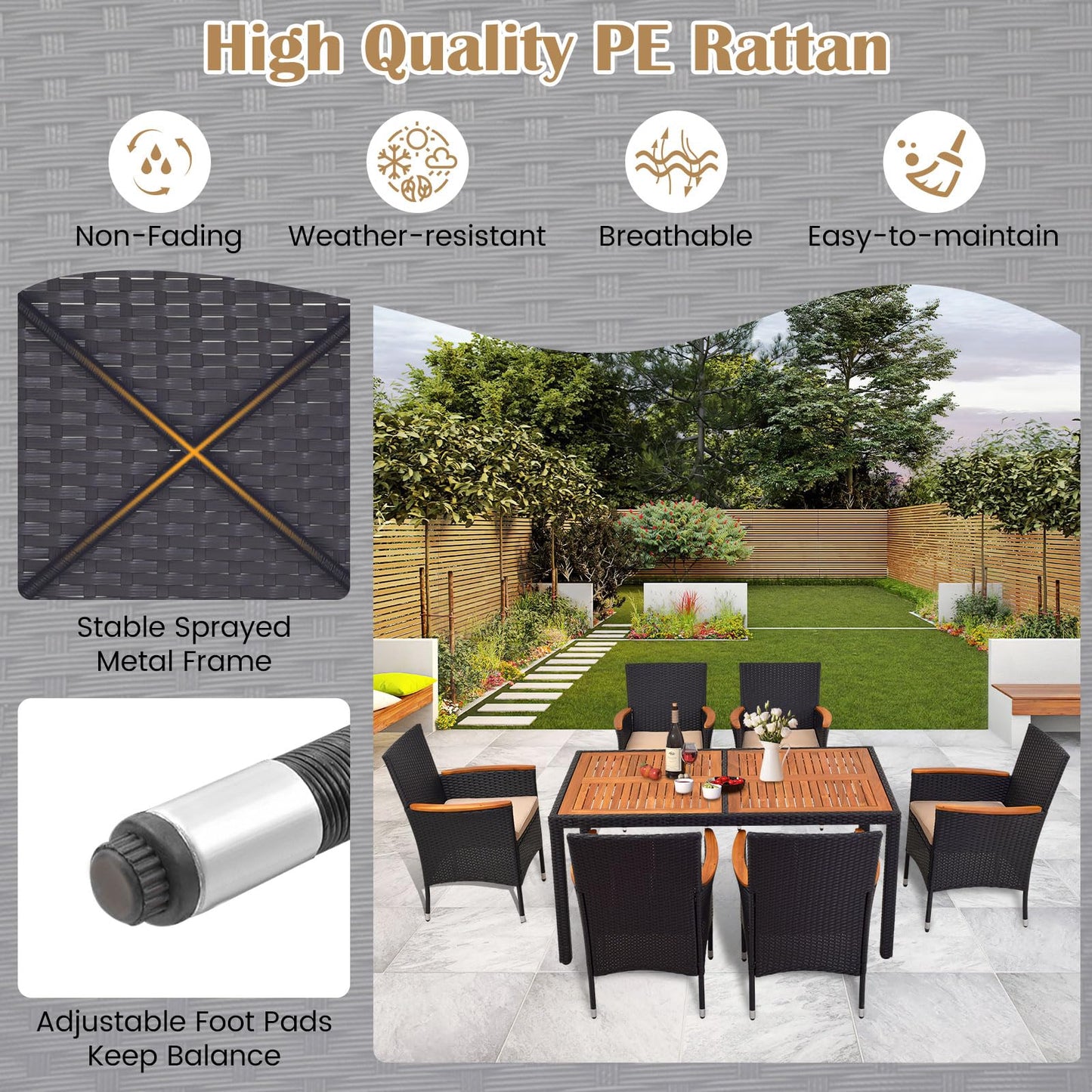 Tangkula 7 PCS Outdoor Dining Set, Patio Conversation Set with Acacia Wood Tabletop, Umbrella Hole, Removable Seat Cushions