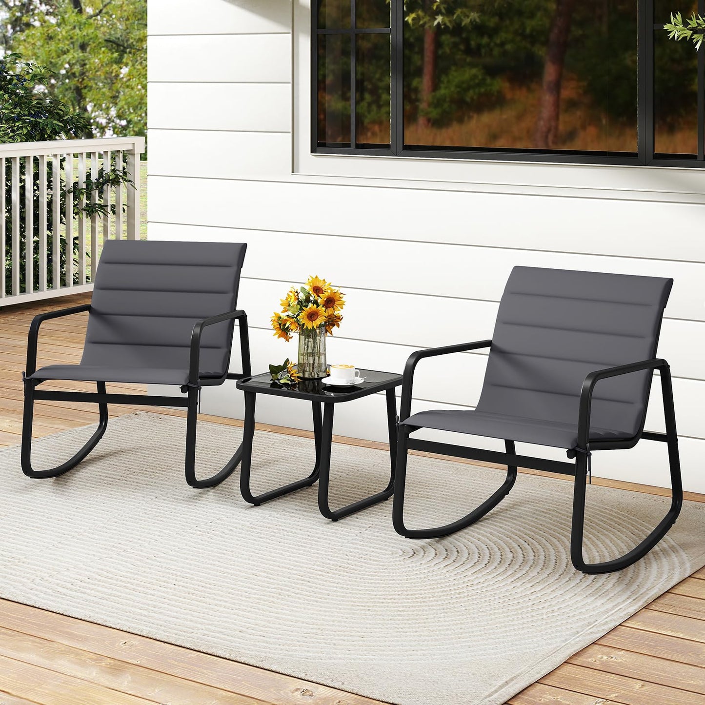 Tangkula 3 Piece Outdoor Rocking Bistro Set | Porch Rocker Chairs with Tempered Glass Table