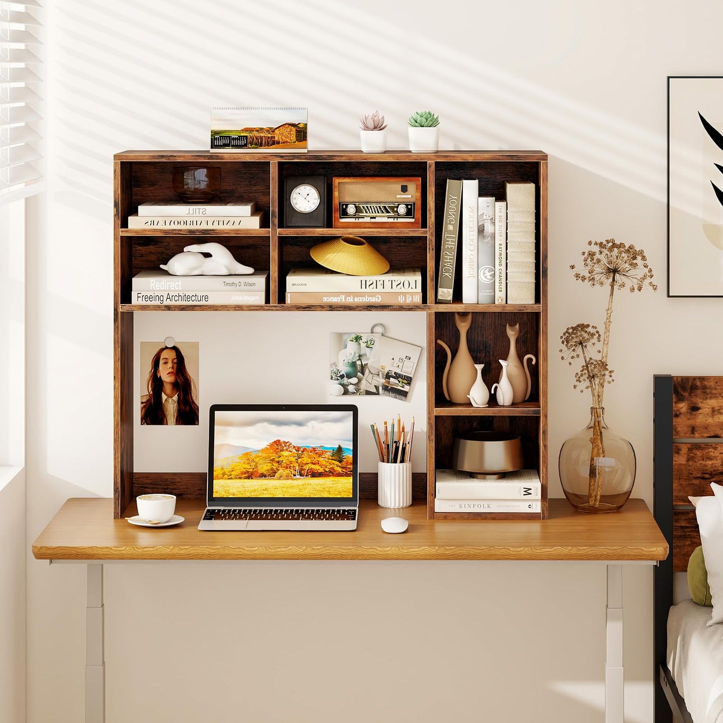 Tangkula Desktop Bookshelf 37" Countertop Storage Hutch with 7 Cubes & 3 Adjustable Shelves