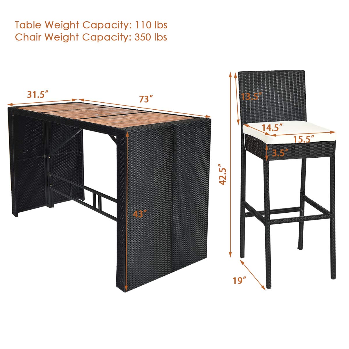 Tangkula 7 PCS Outdoor Wicker Furniture with Acacia Wood Bar Table Top and Removable Cushion