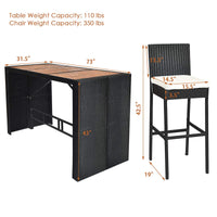 Tangkula 7 PCS Outdoor Wicker Furniture with Acacia Wood Bar Table Top and Removable Cushion
