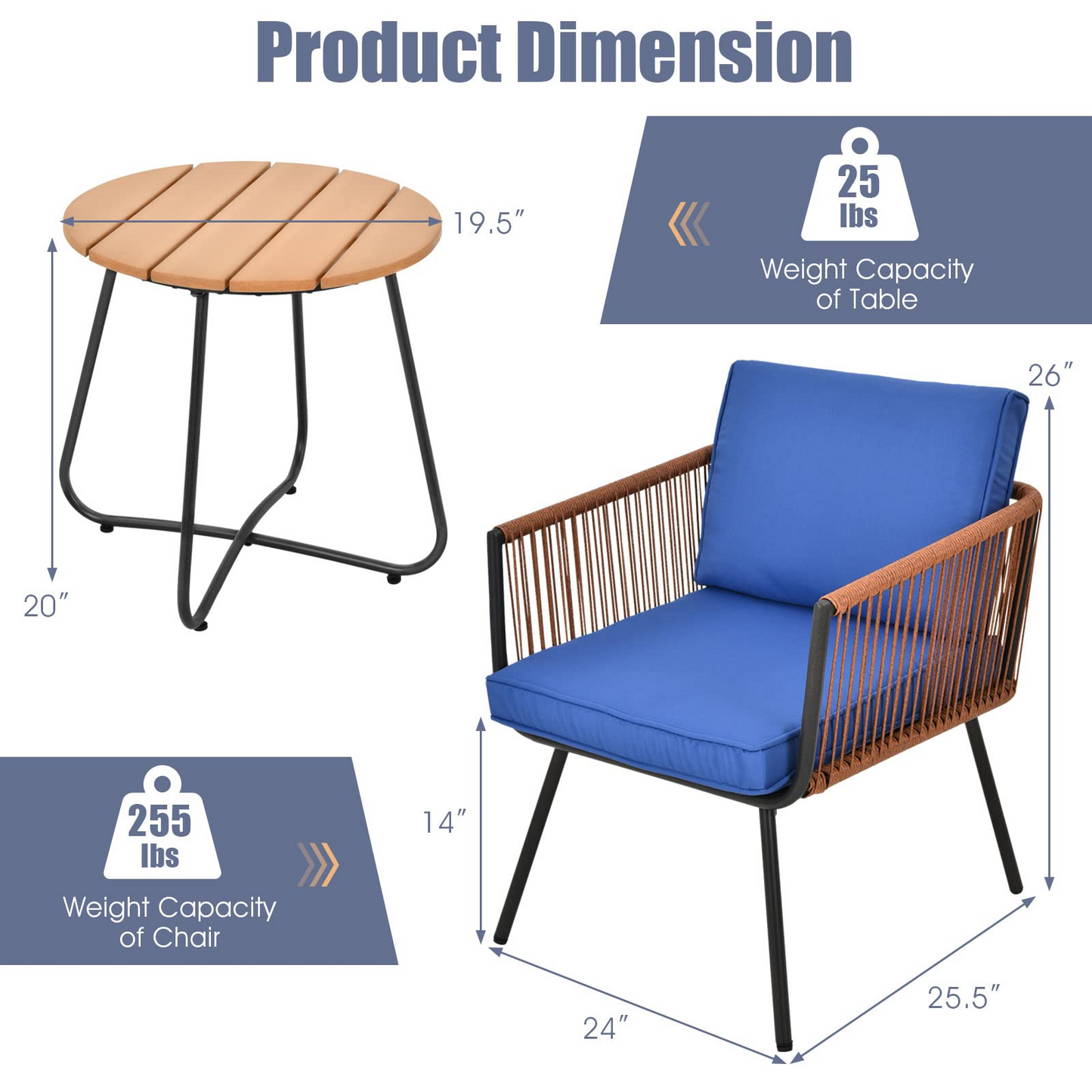 3 Pieces Patio Bistro Set, Outdoor Conversation Chair Set with Coffee Table